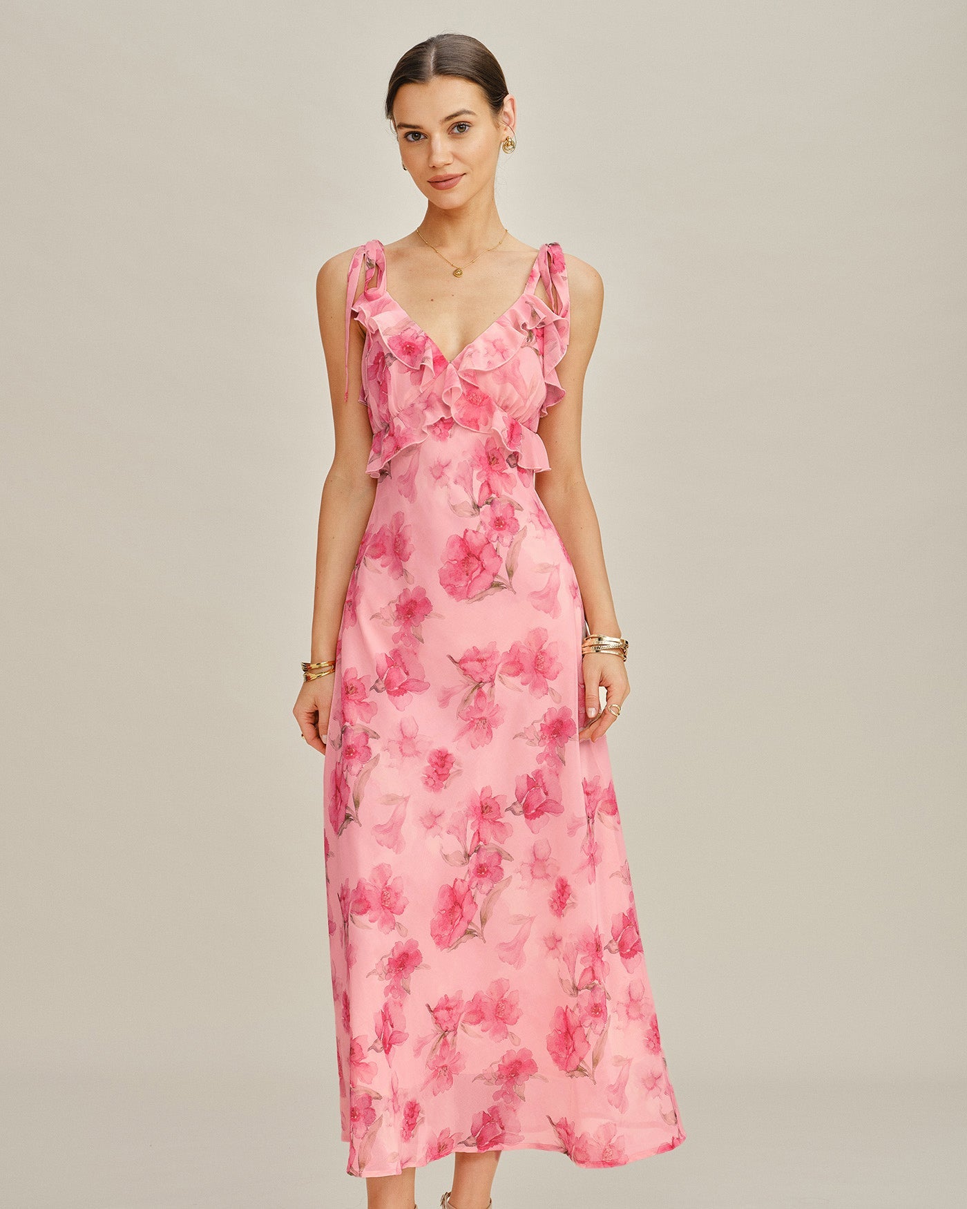 Pink Floral Ruffle Slip Chiffon Maxi Dress