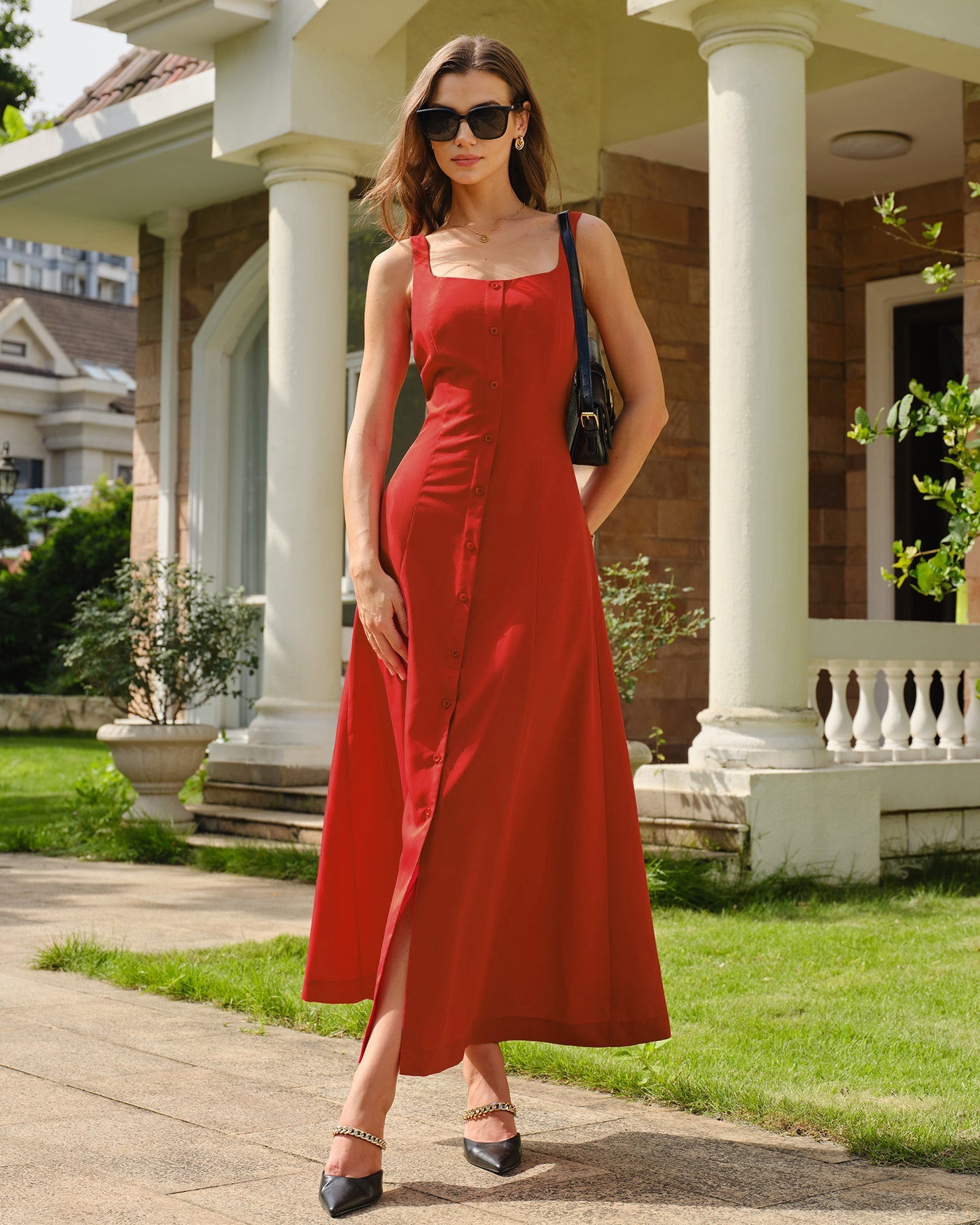 Red Square Neck Button Maxi Dress