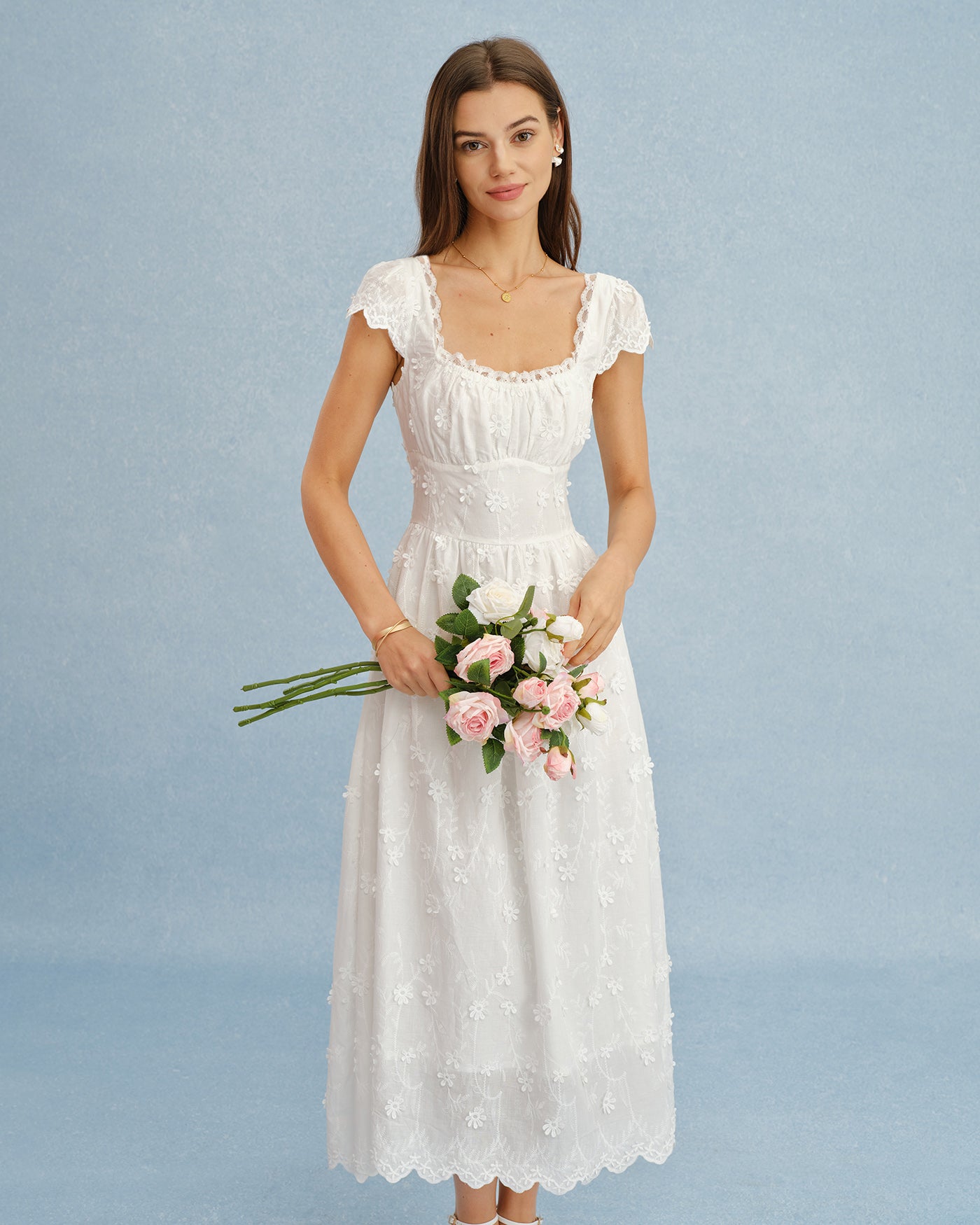 White Square Neck Lace Flowers Maxi Dress