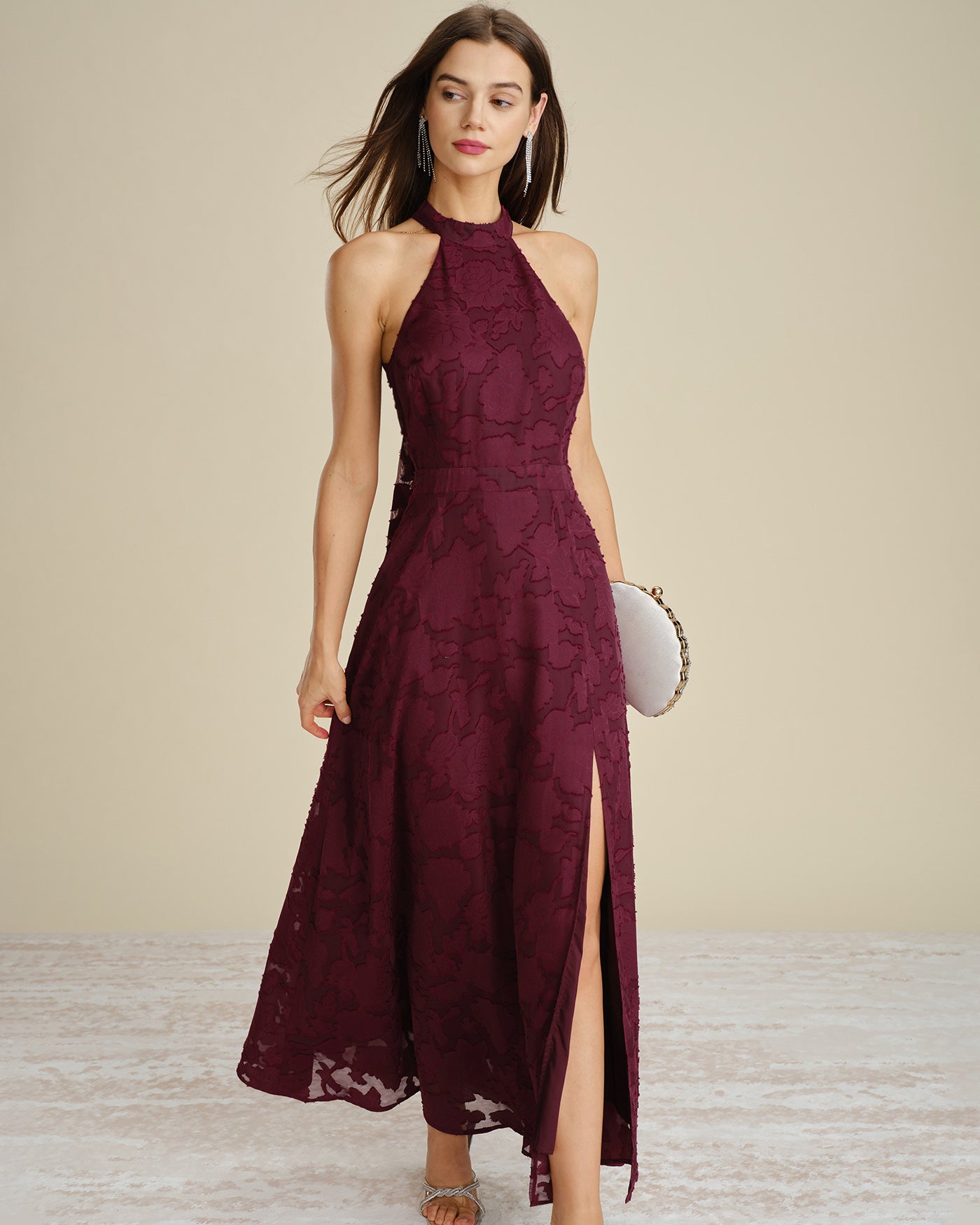 Wine Red Mock Neck Jacquard Maxi Dress
