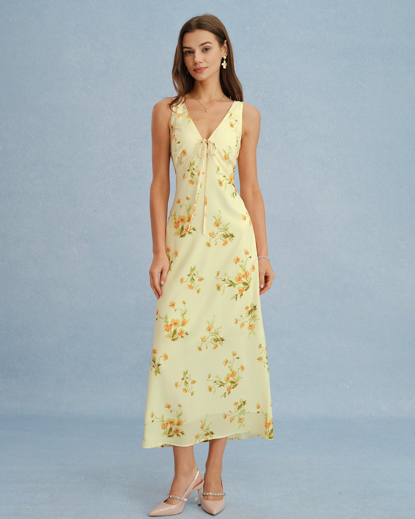 Yellow V Neck Floral Chiffon Maxi Dress