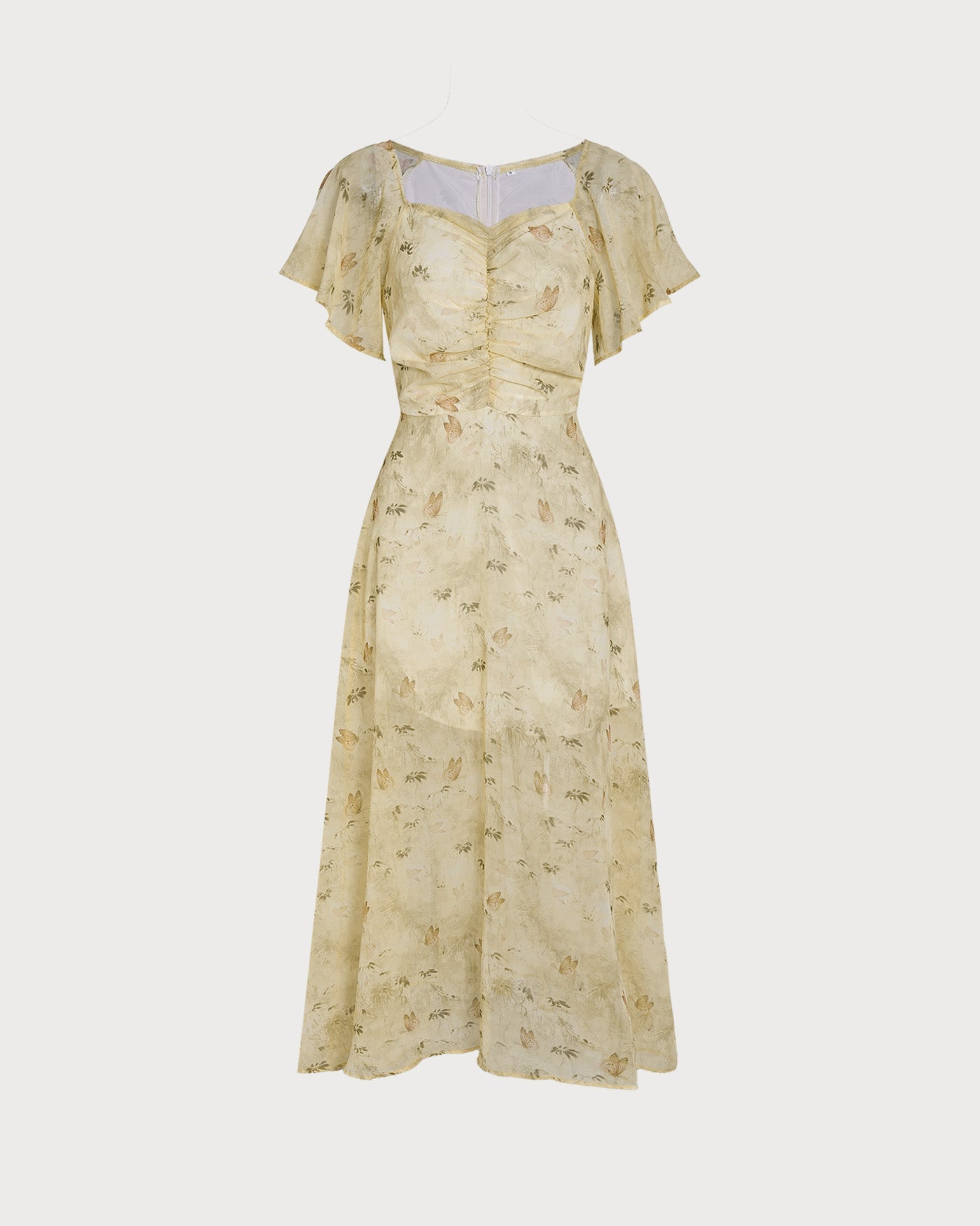 Yellow V Neck Ruched Floral Maxi Dress