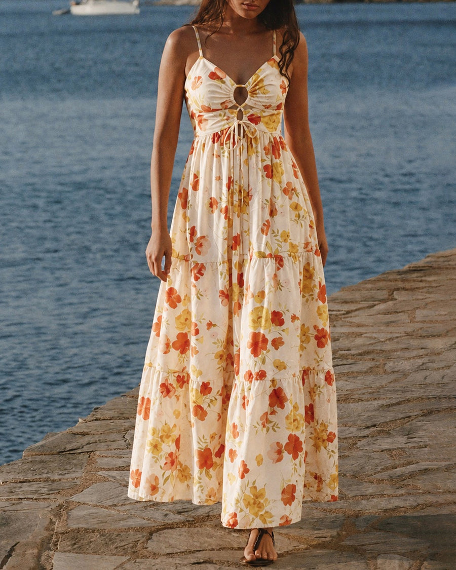 Yellow Floral Shirred Slip Maxi Dress
