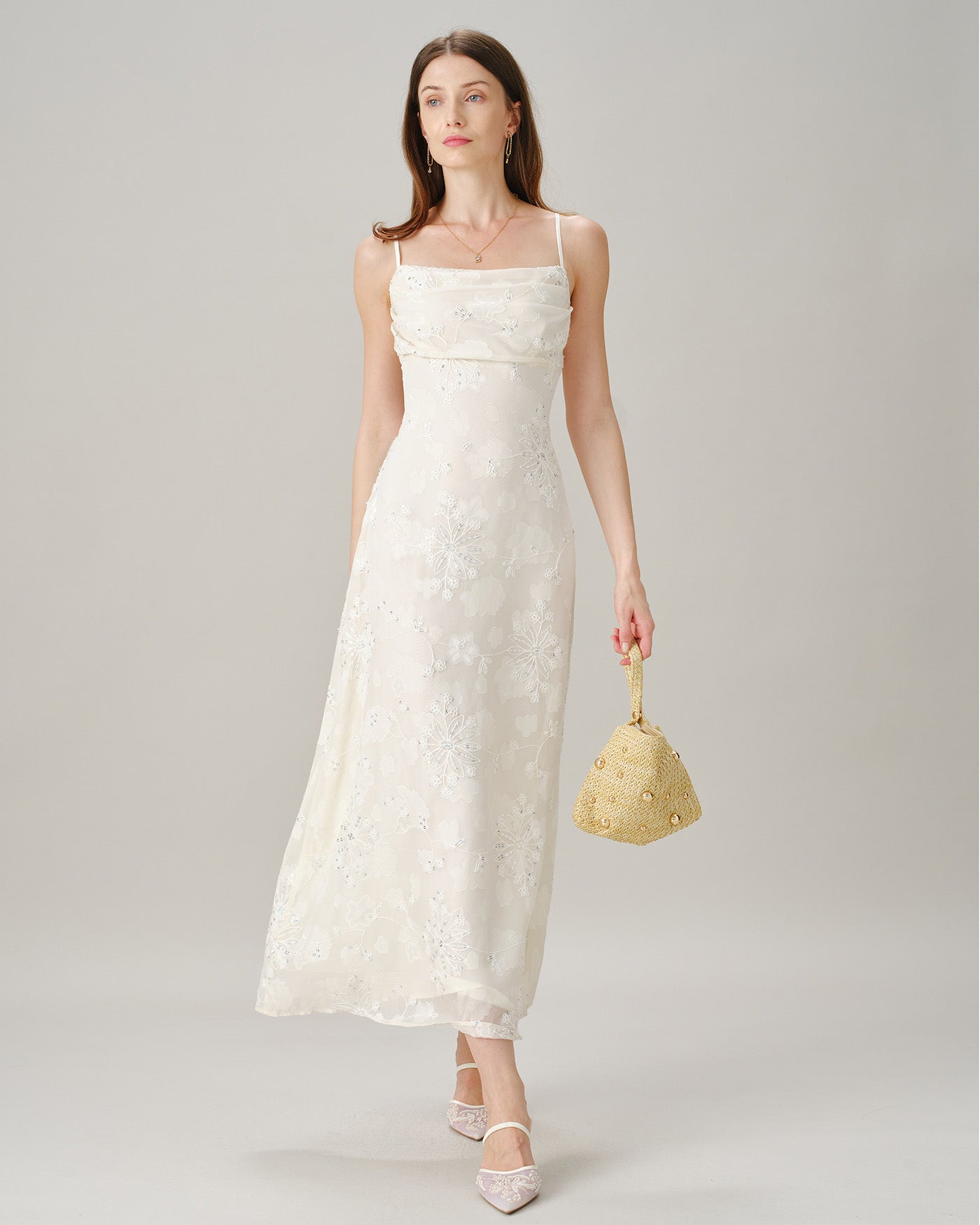 Apricot Square Neck Jacquard Sequins Maxi Dress