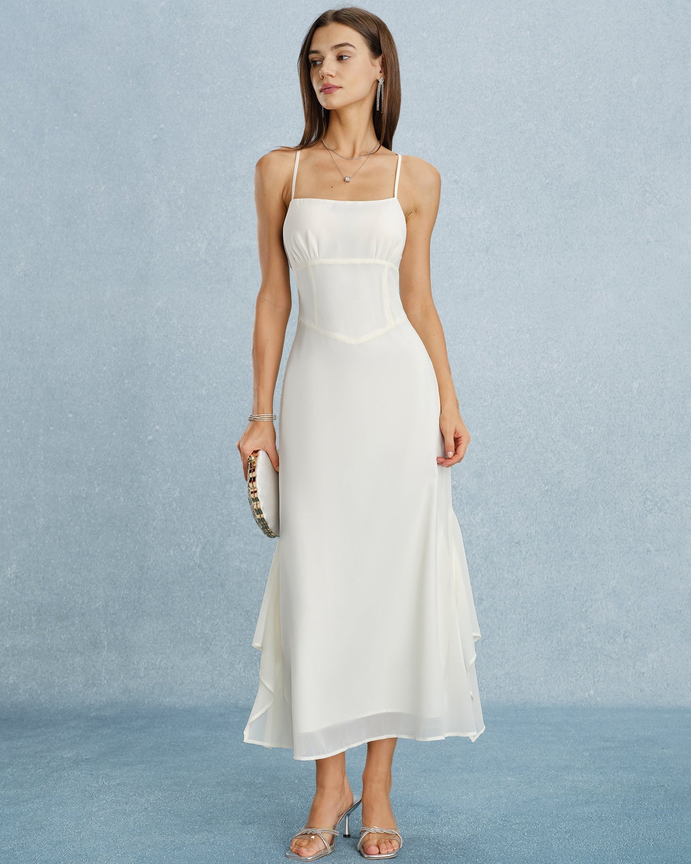 Apricot Ruffle Slip Chiffon Maxi Dress