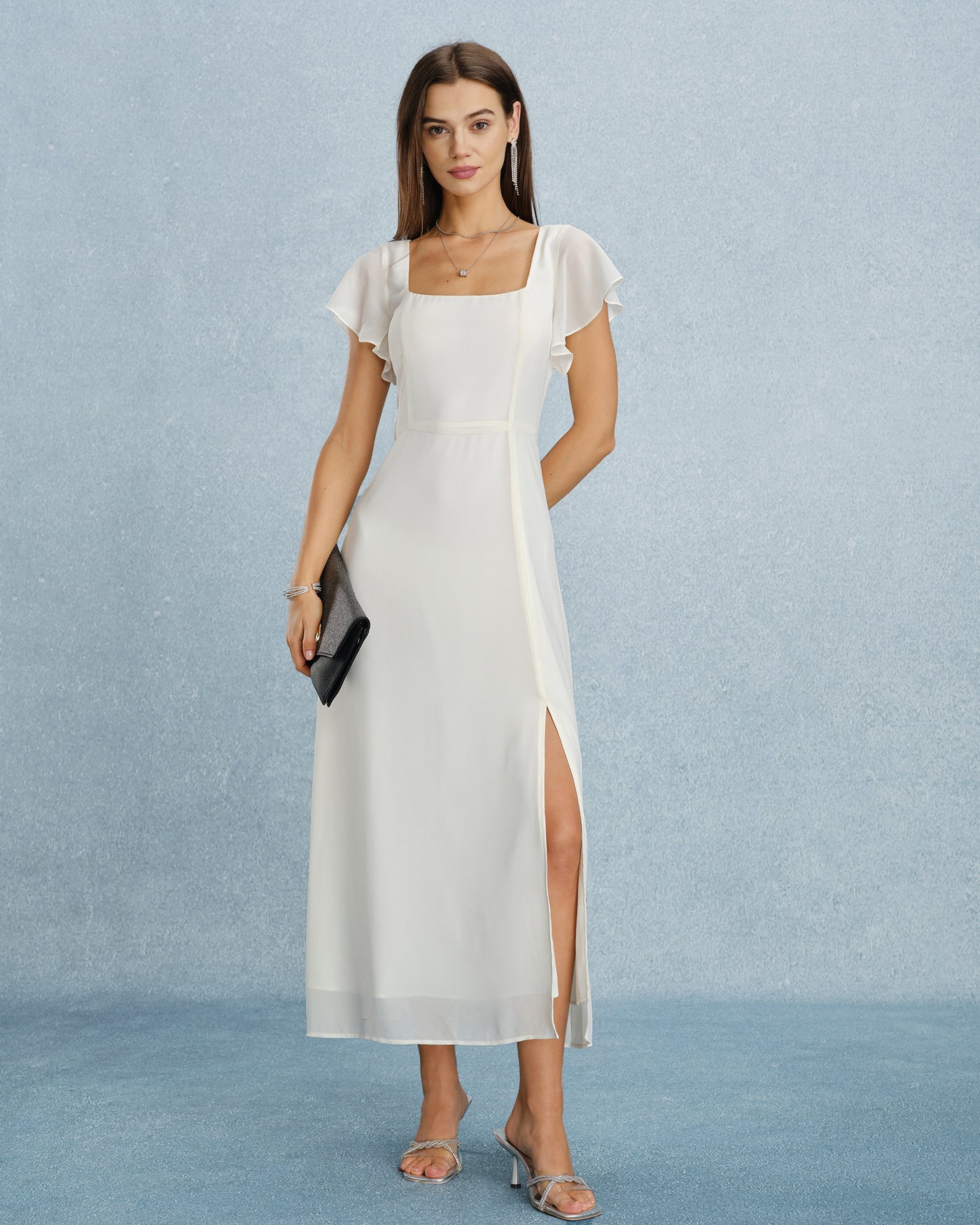 Beige Square Neck Slit Chiffon Maxi Dress