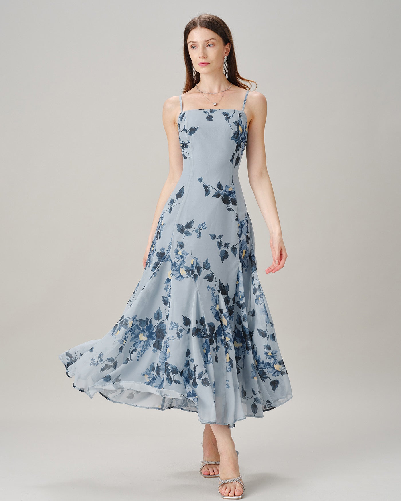 Blue Sleeveless Floral Chiffon Maxi Dress