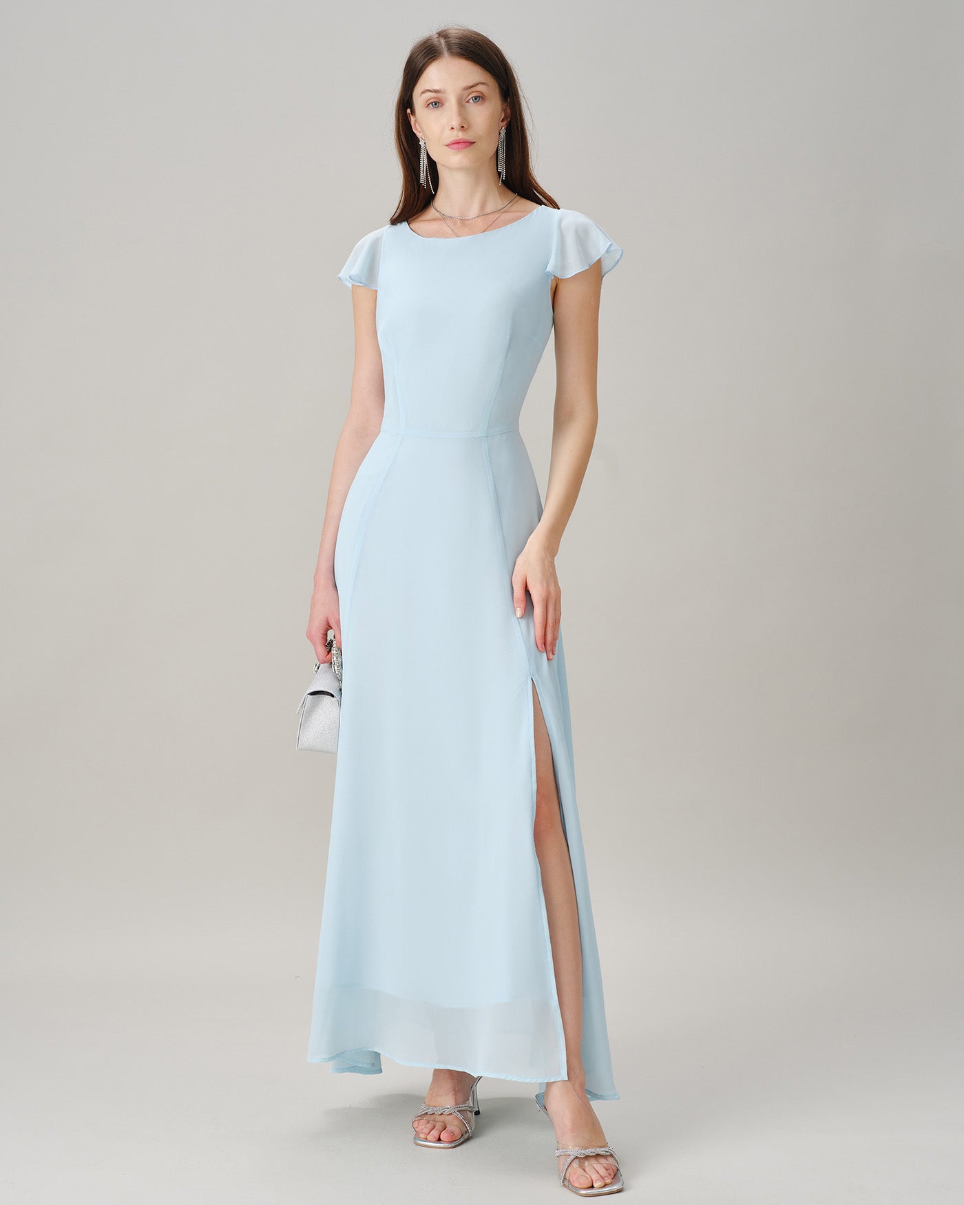 Blue Boat Neck Slit Chiffon Maxi Dress