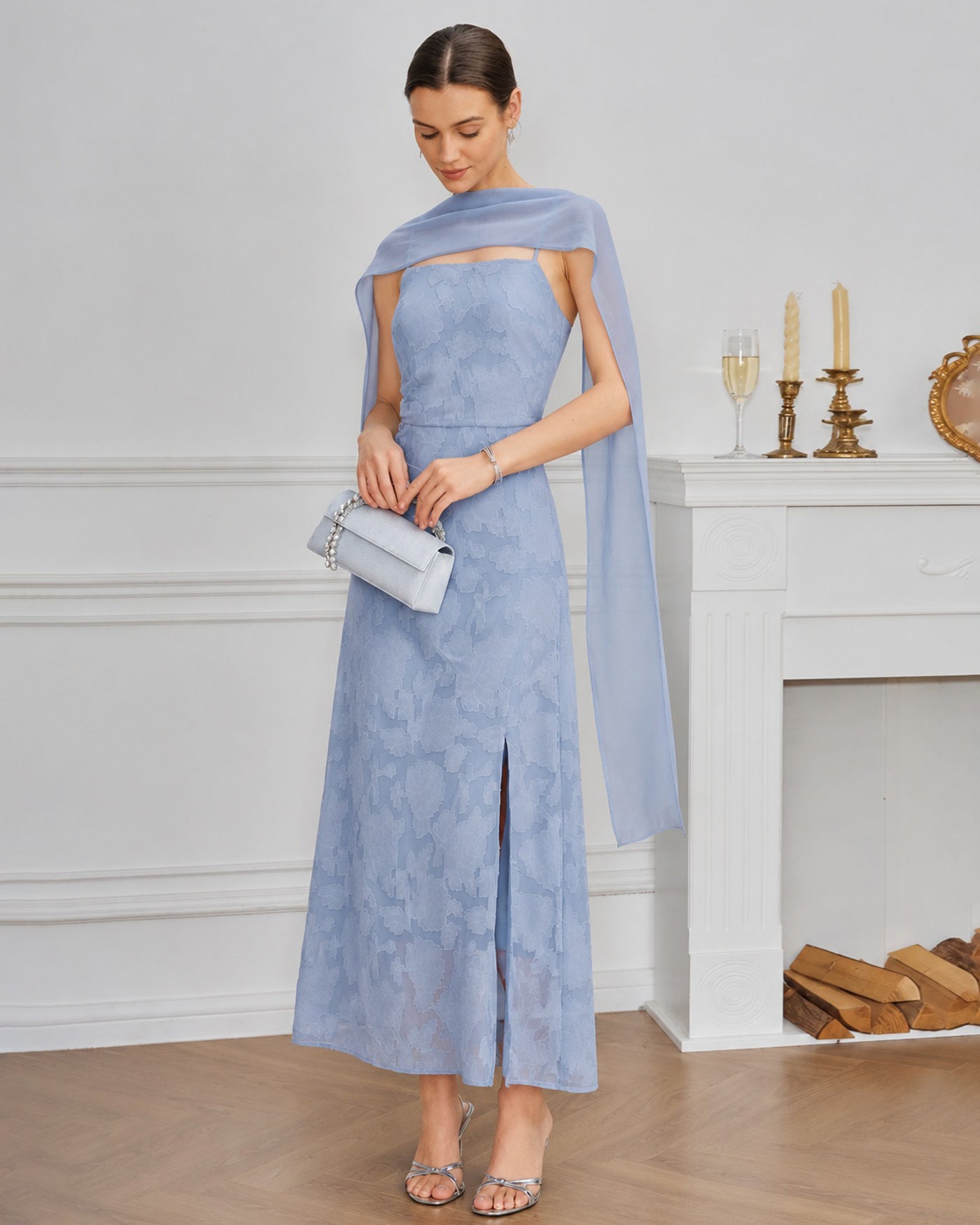 Blue Square Neck Jacquard Slit Maxi Dress