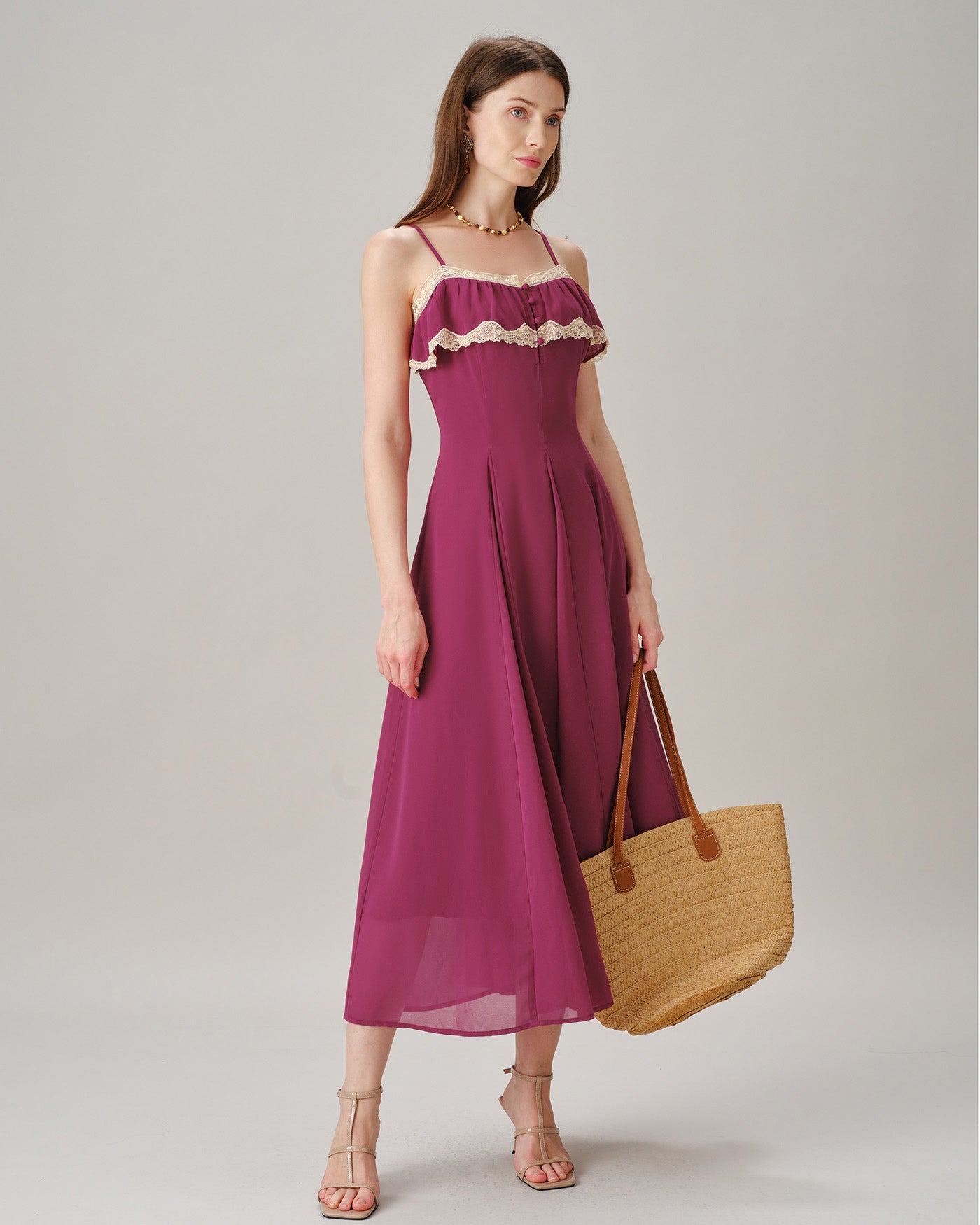 Pink Lace Button Slip Chiffon Maxi Dress