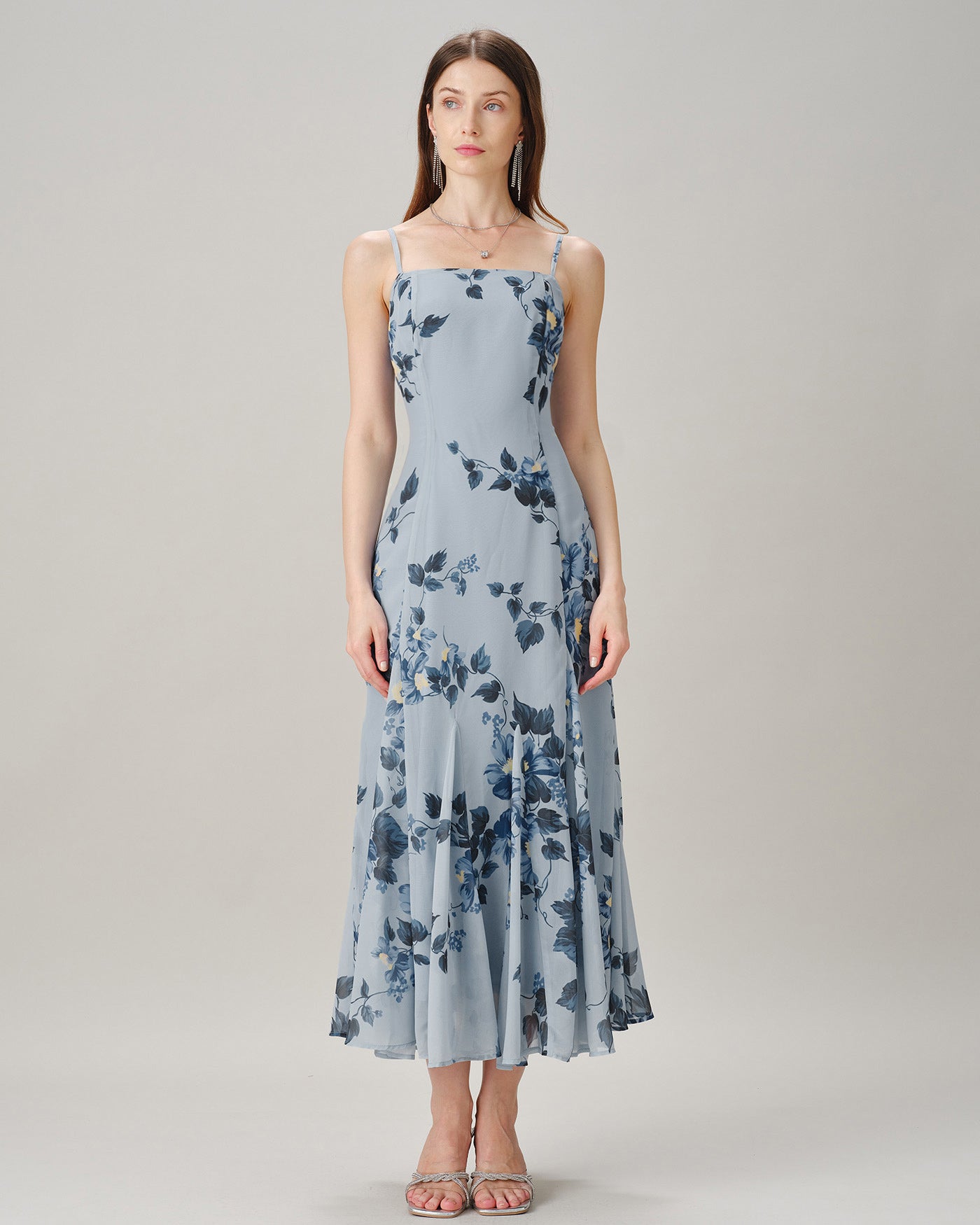 Blue Sleeveless Floral Chiffon Maxi Dress