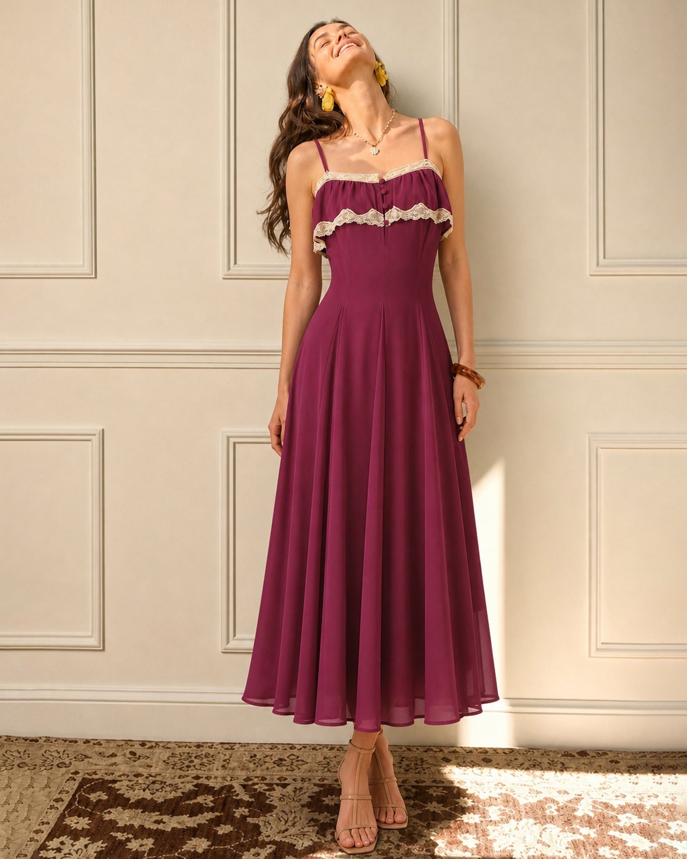 Pink Lace Button Slip Chiffon Maxi Dress