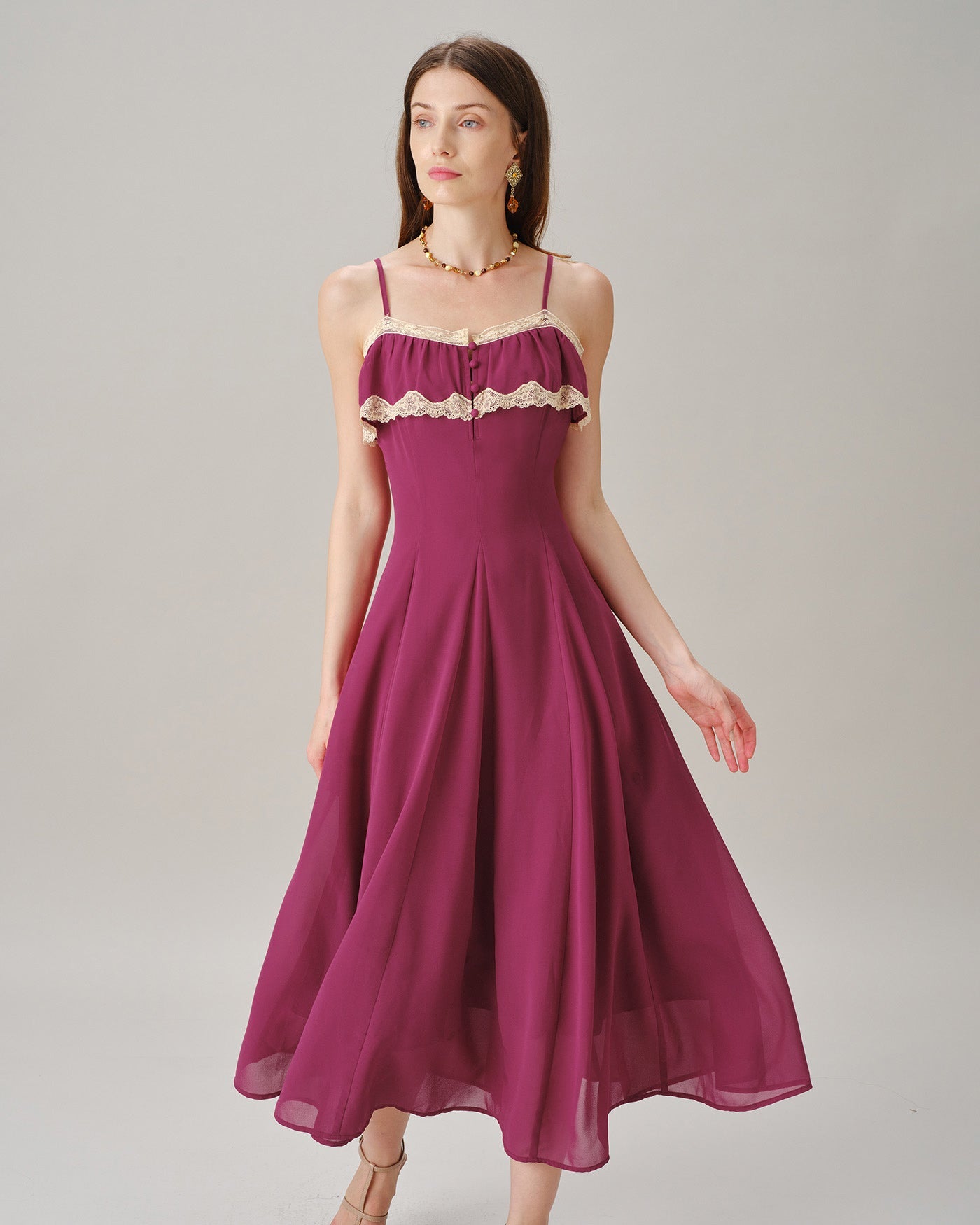 Pink Lace Button Slip Chiffon Maxi Dress