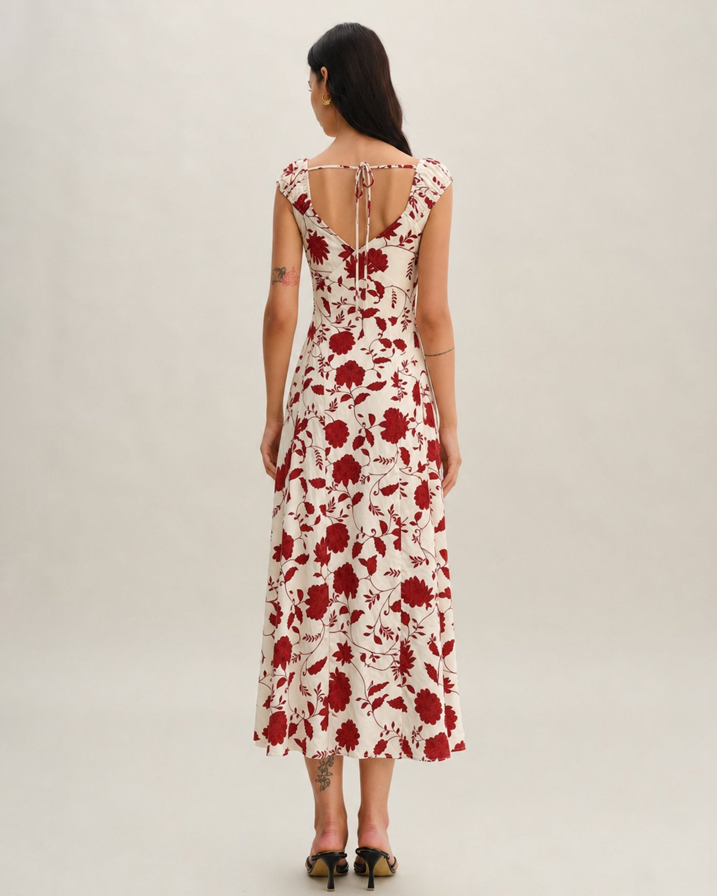 Red Sweetheart Neck Tie Floral Maxi Dress