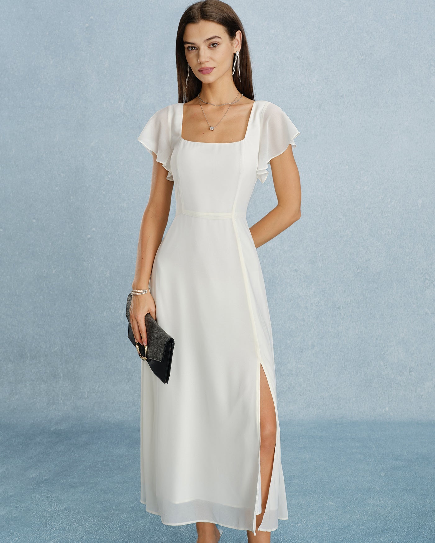 Beige Square Neck Slit Chiffon Maxi Dress