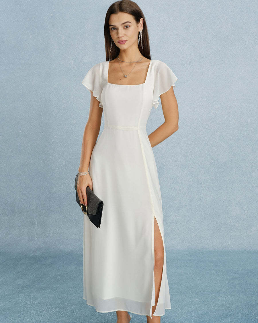 Beige Square Neck Slit Chiffon Maxi Dress