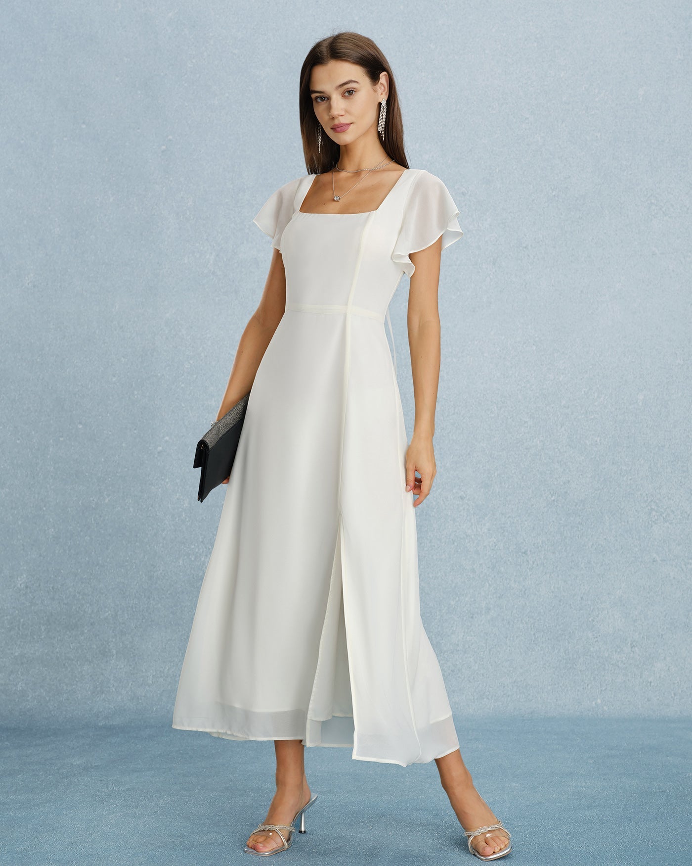 Beige Square Neck Slit Chiffon Maxi Dress