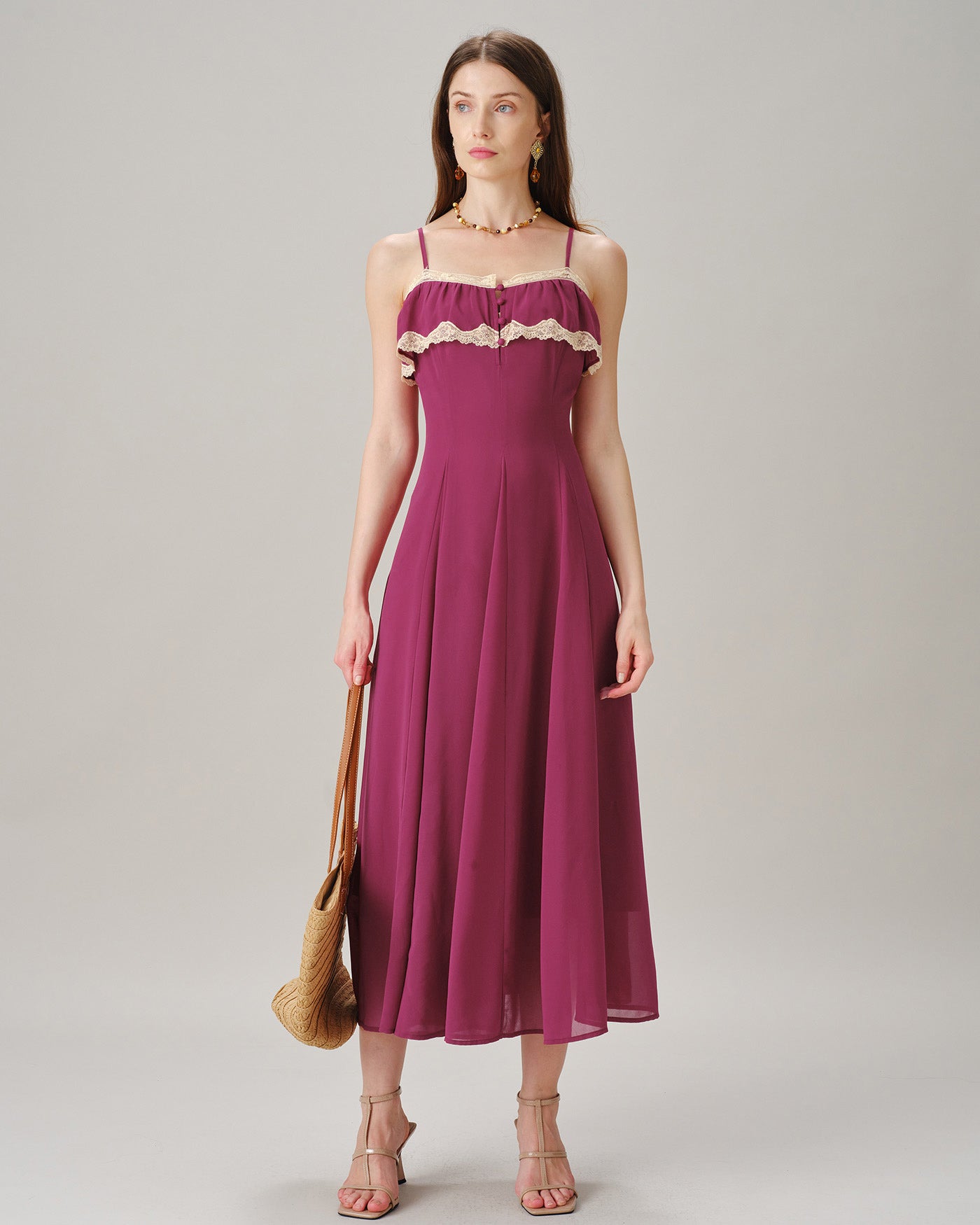 Pink Lace Button Slip Chiffon Maxi Dress
