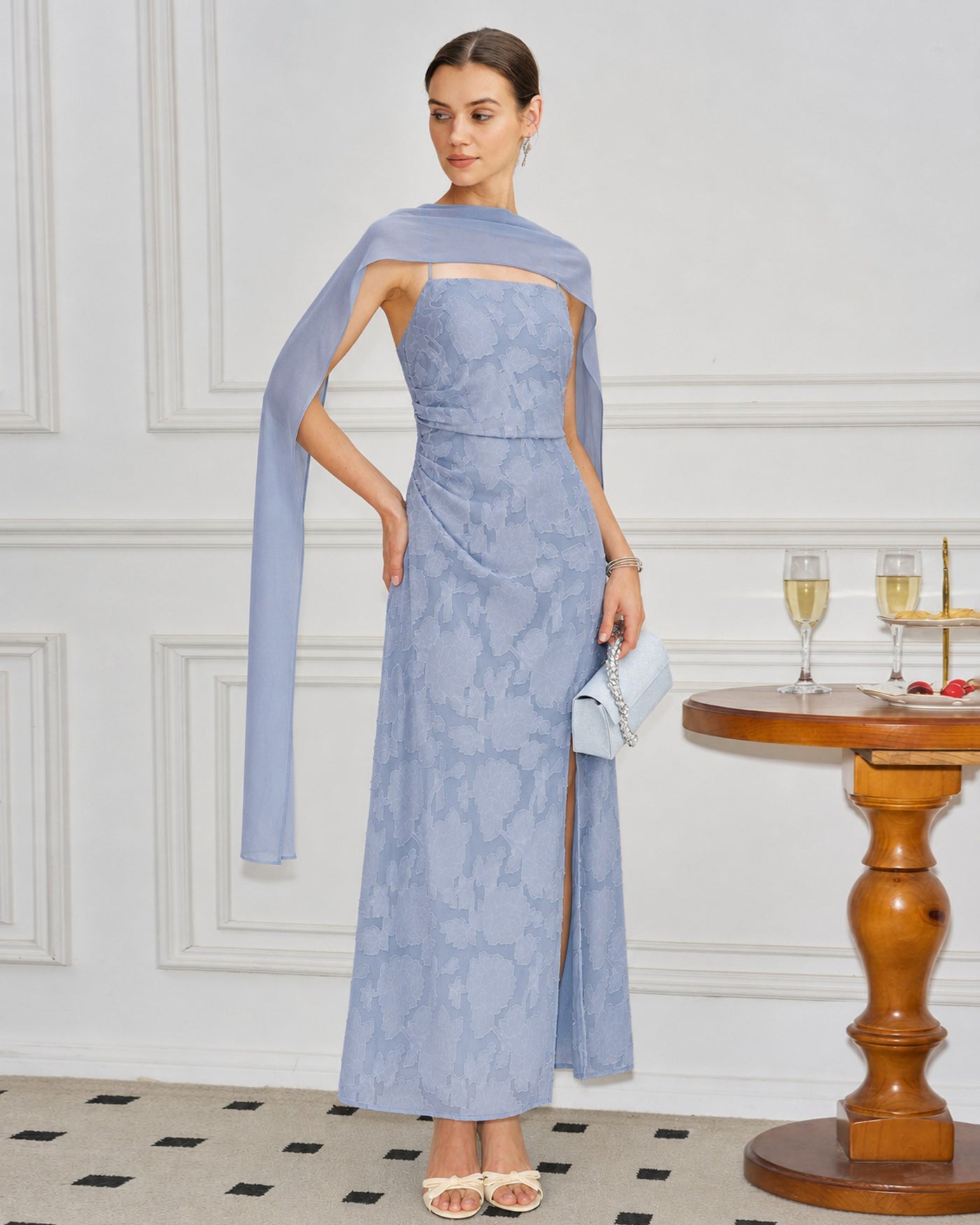Blue Square Neck Jacquard Slit Maxi Dress