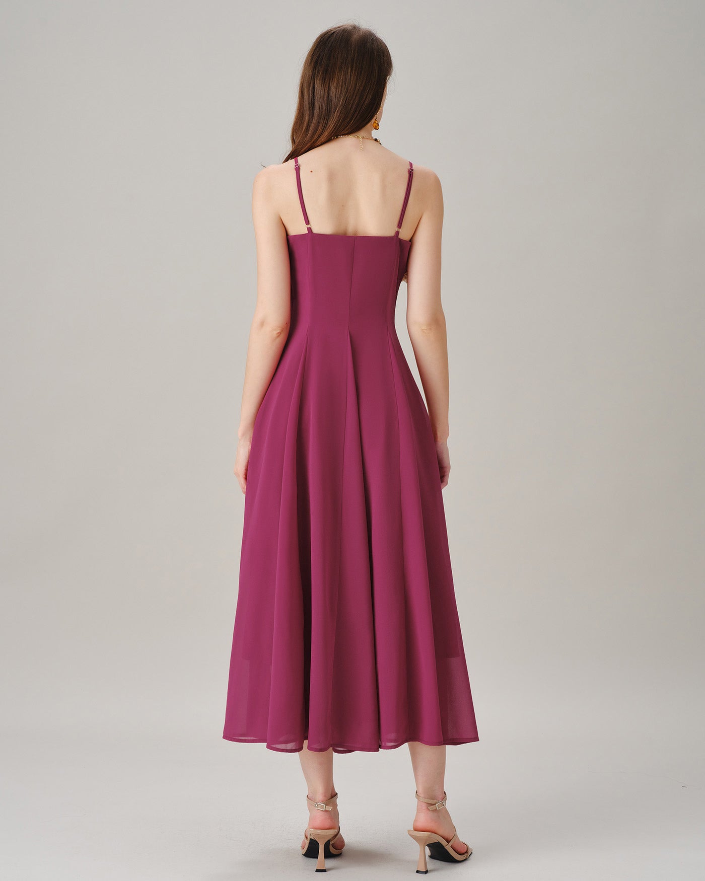 Pink Lace Button Slip Chiffon Maxi Dress