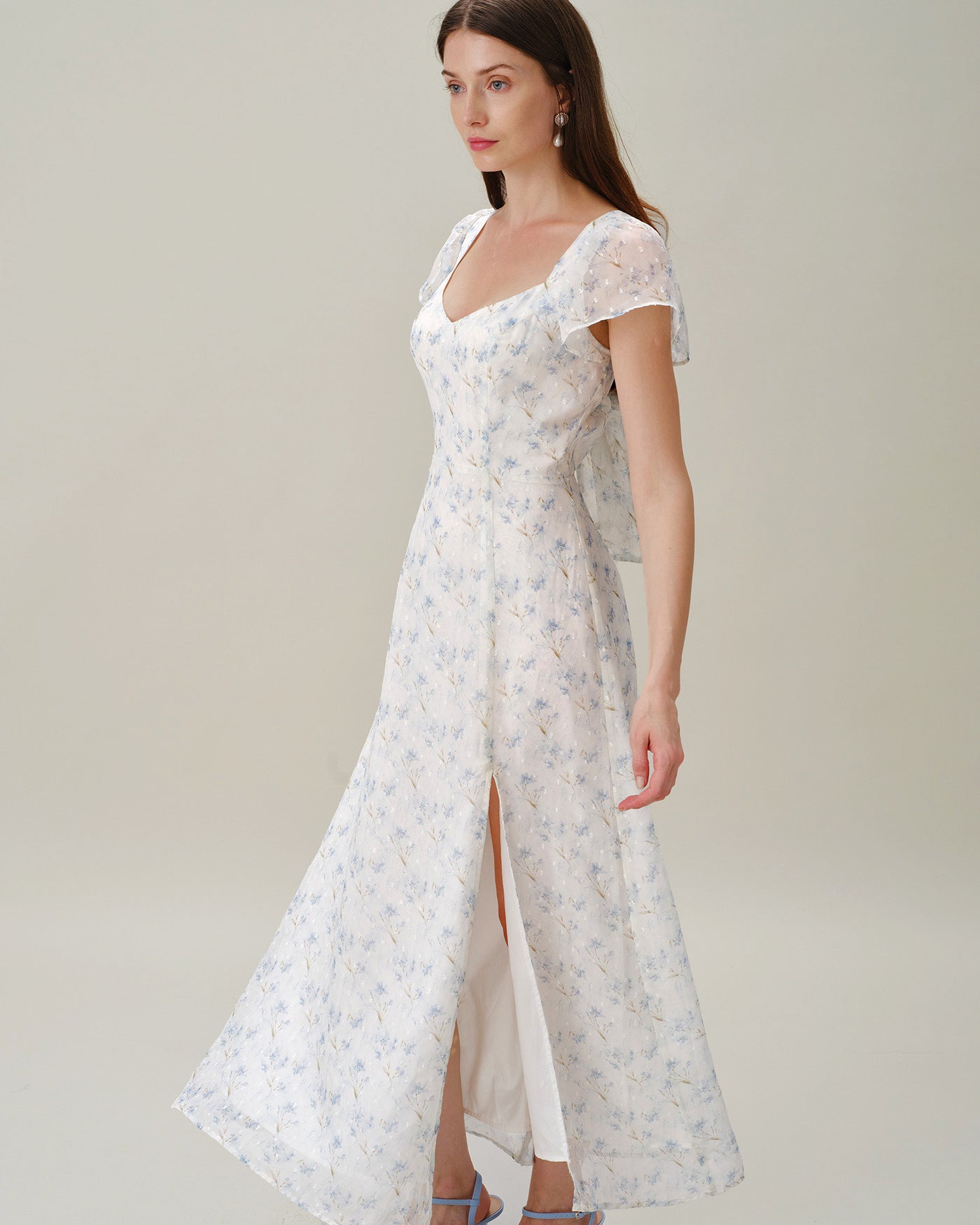 Blue Sweetheart Neck Floral Slit Maxi Dress