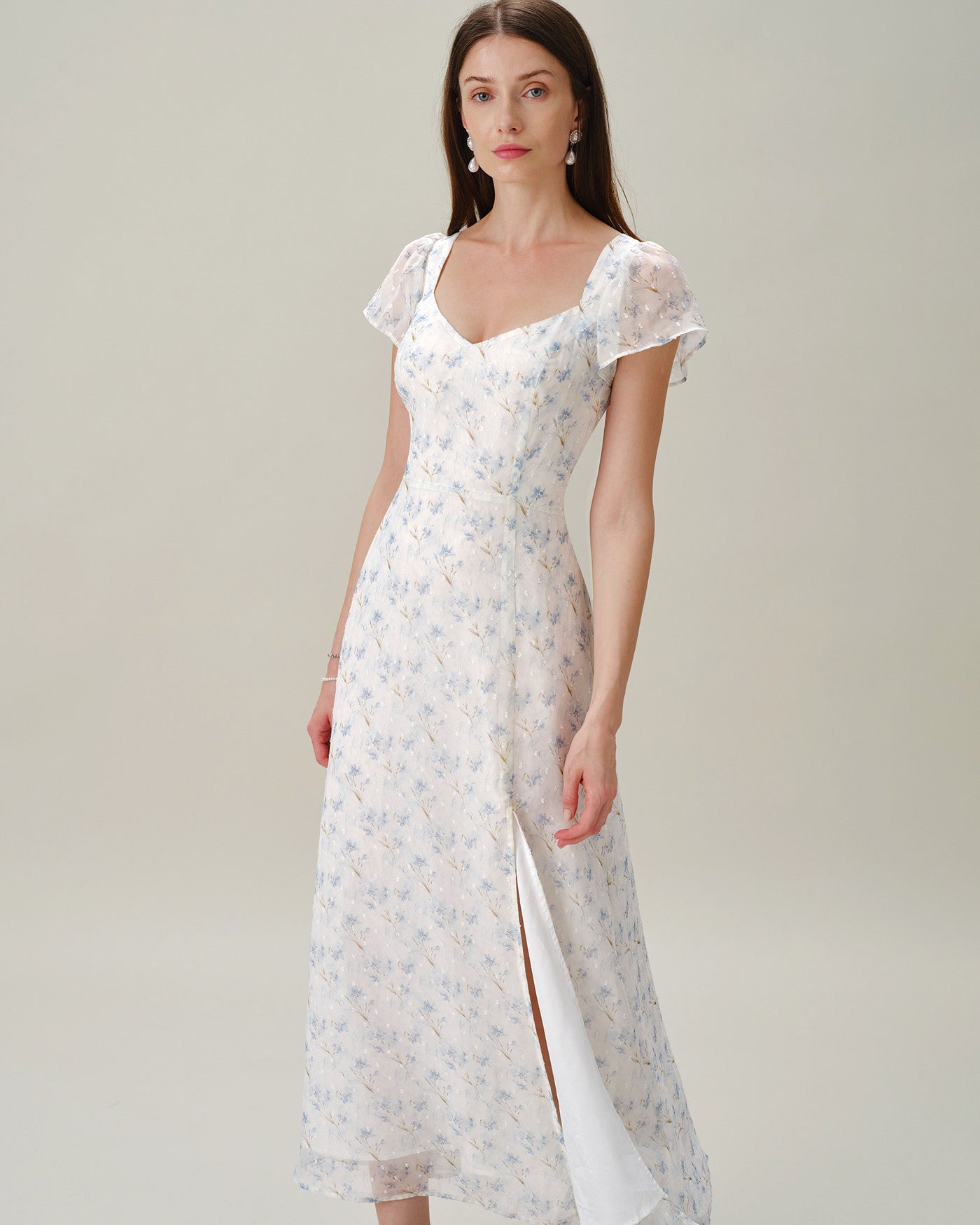 Blue Sweetheart Neck Floral Slit Maxi Dress