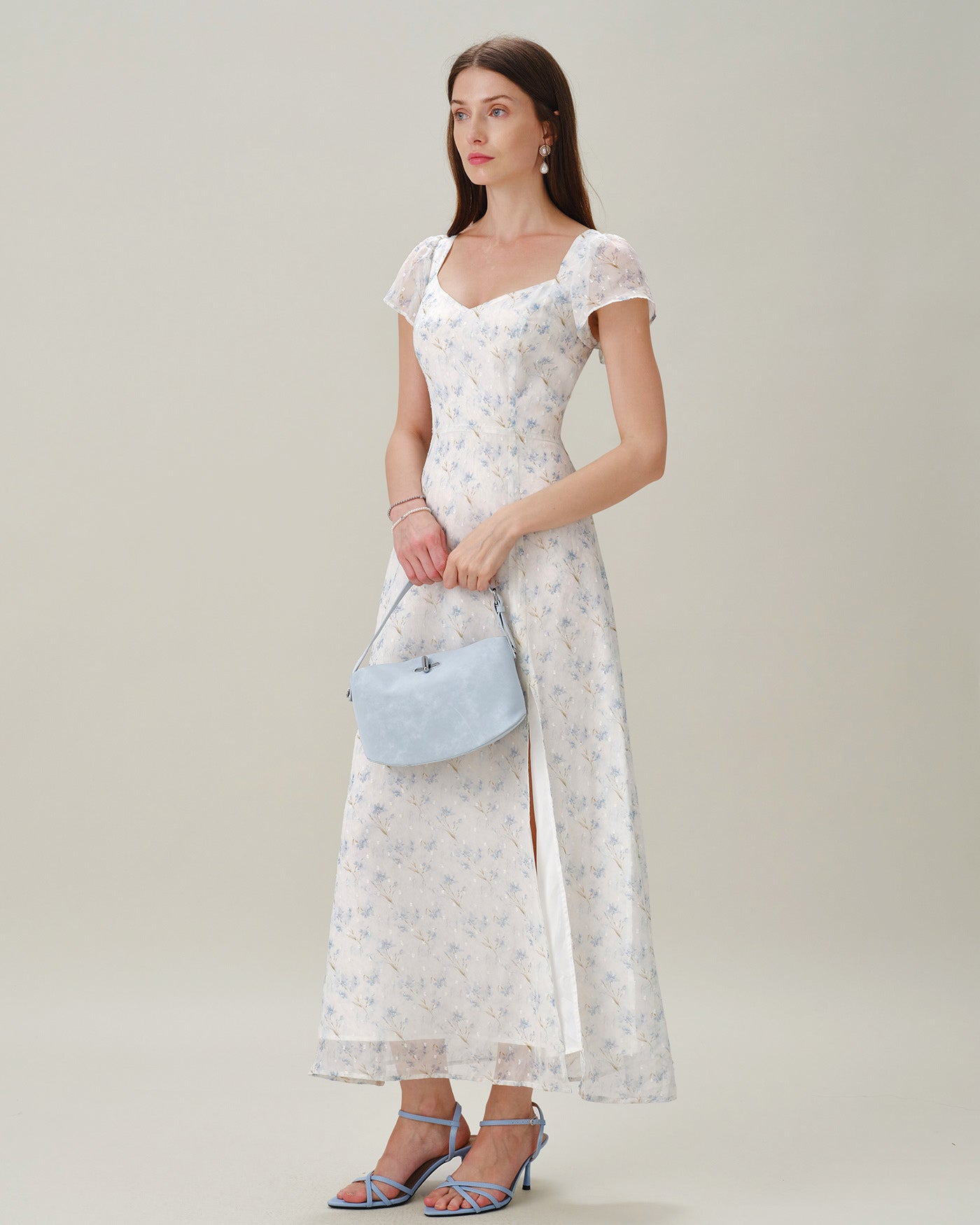 Blue Sweetheart Neck Floral Slit Maxi Dress