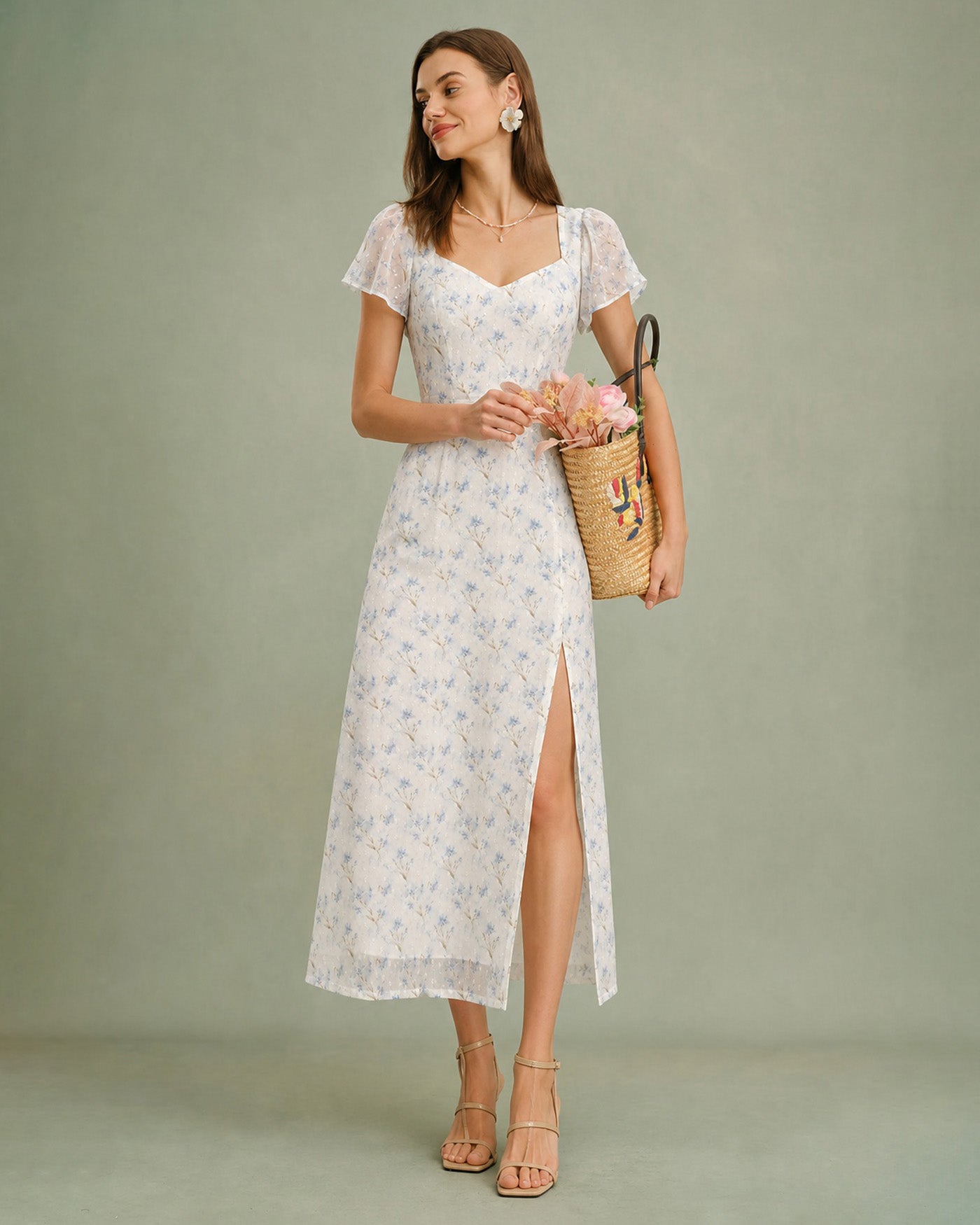 Blue Sweetheart Neck Floral Slit Maxi Dress