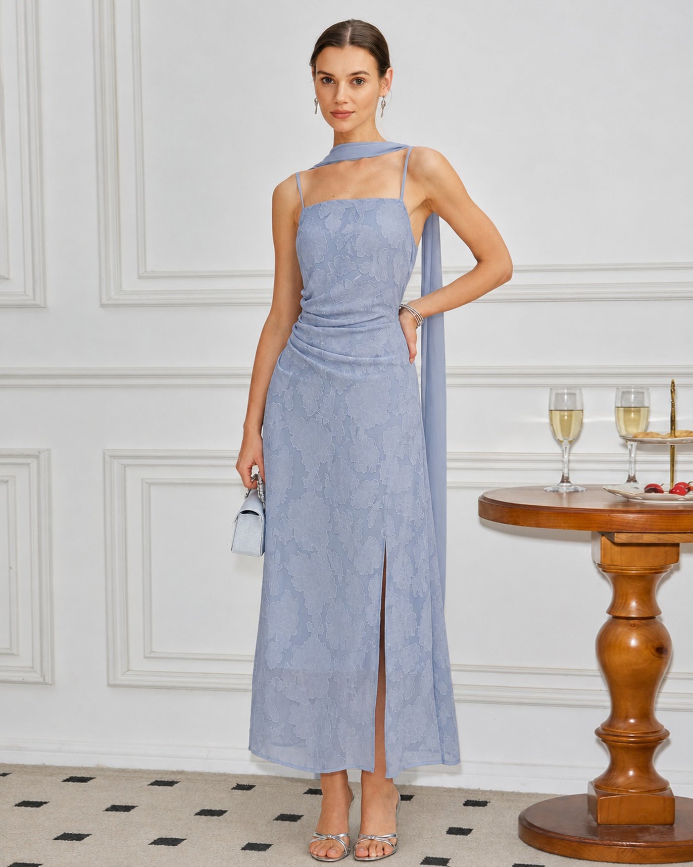 Blue Square Neck Jacquard Slit Maxi Dress