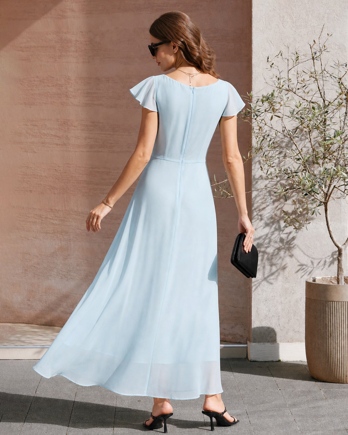 Blue Boat Neck Slit Chiffon Maxi Dress