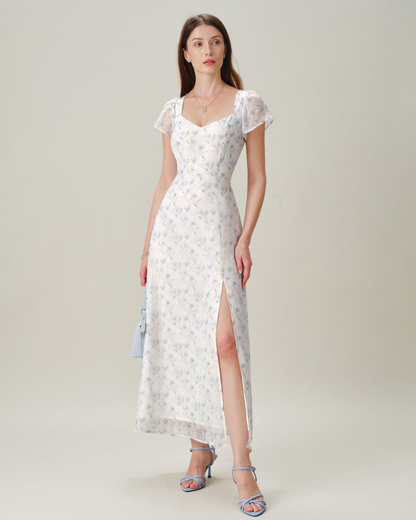 Blue Sweetheart Neck Floral Slit Maxi Dress