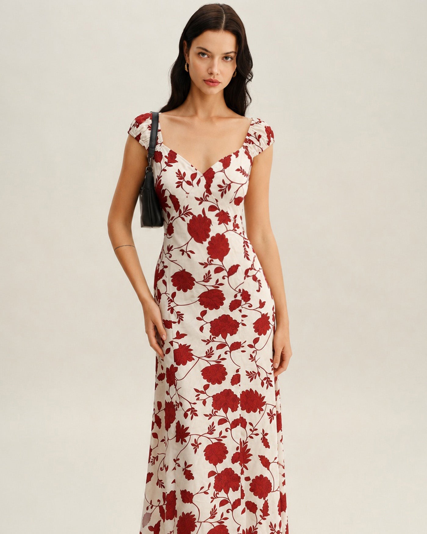 Red Sweetheart Neck Tie Floral Maxi Dress