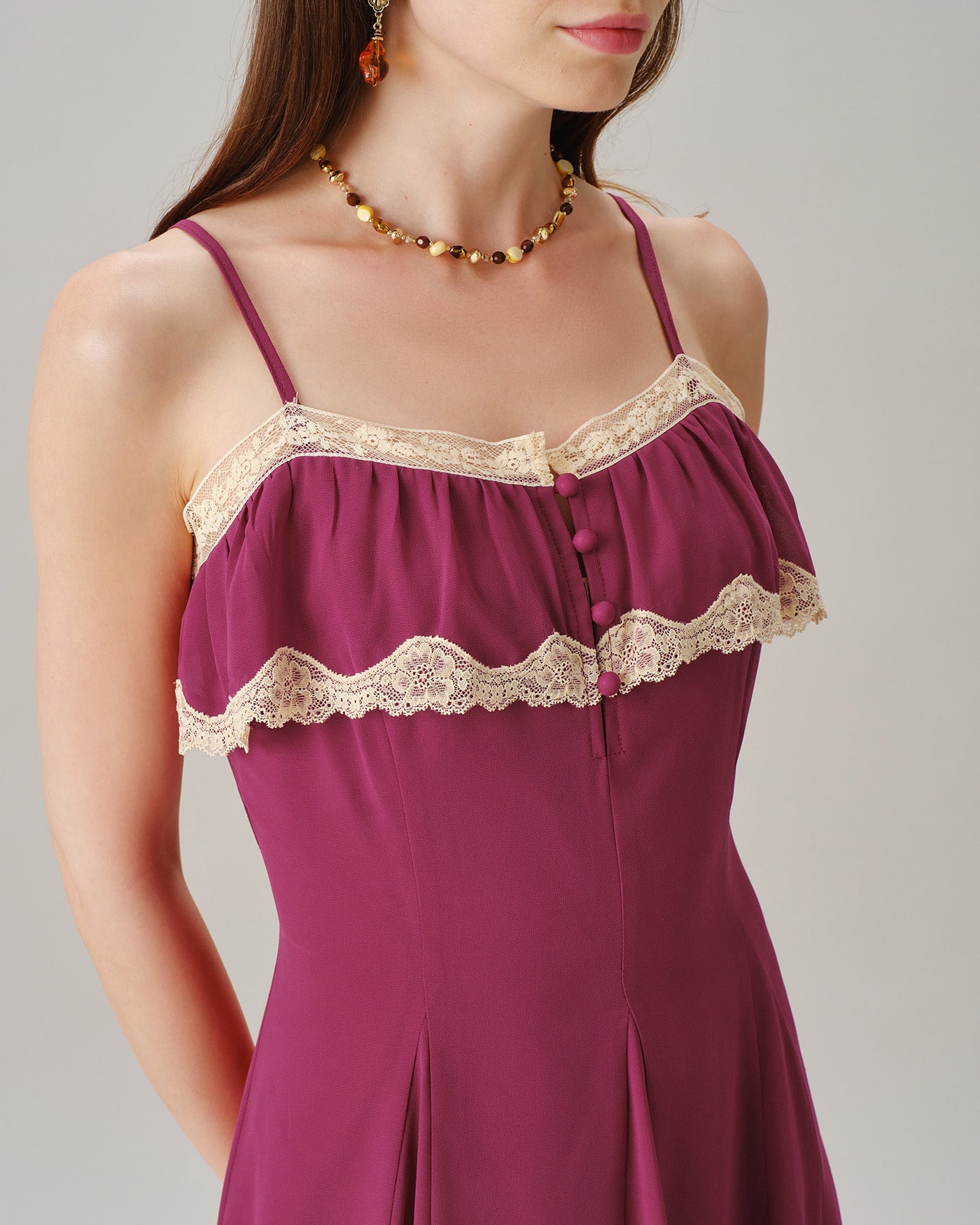 Pink Lace Button Slip Chiffon Maxi Dress