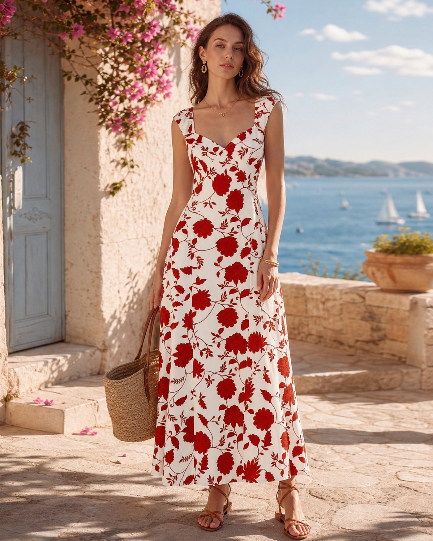 Red Sweetheart Neck Tie Floral Maxi Dress