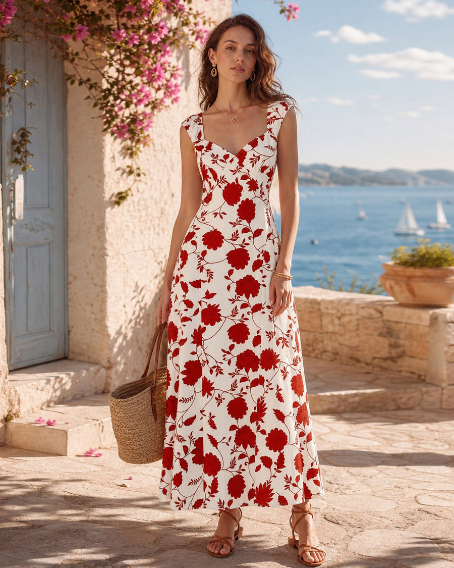 Red Sweetheart Neck Tie Floral Maxi Dress