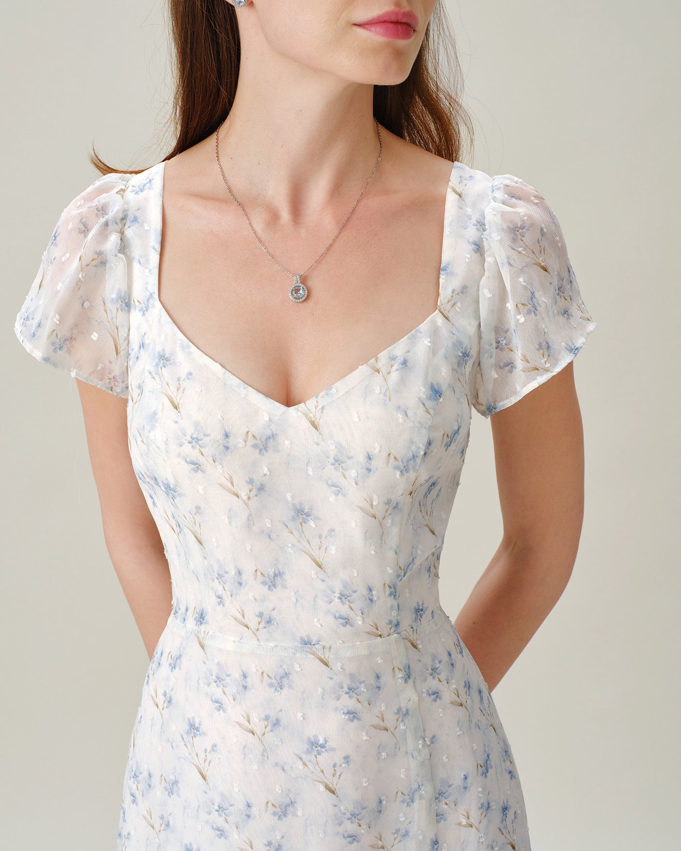 Blue Sweetheart Neck Floral Slit Maxi Dress
