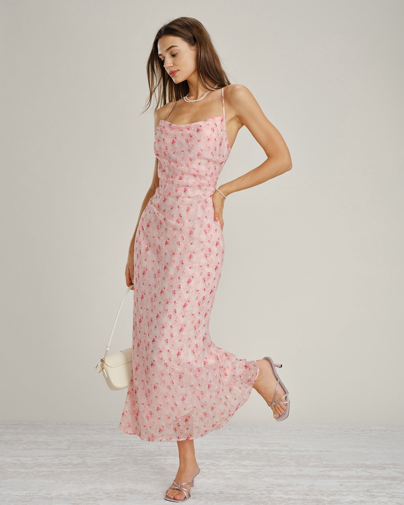Pink Cowl Neck Floral Slip Maxi Dress