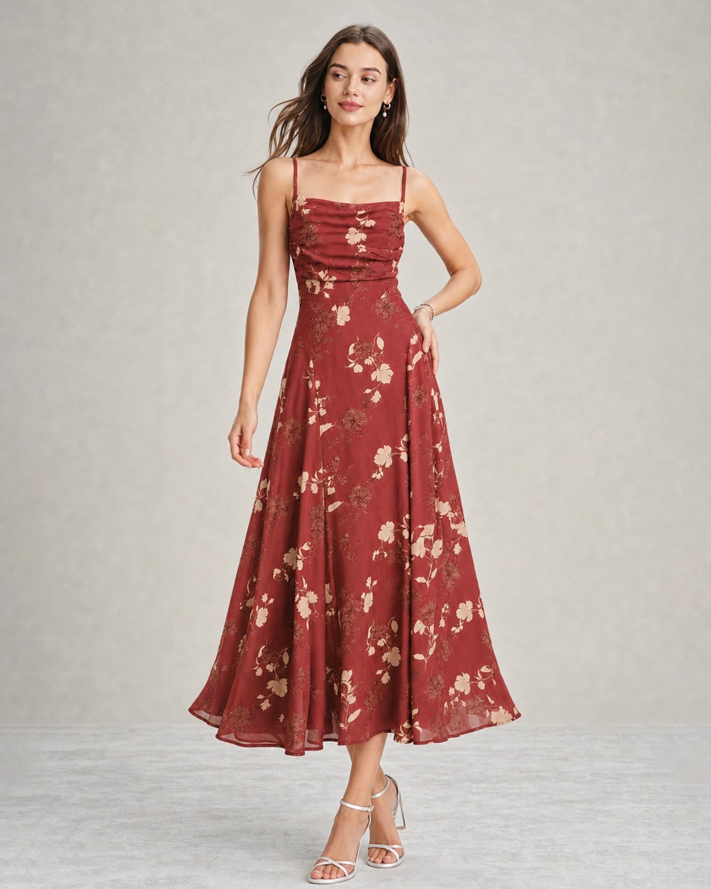 Red Square Neck X Cross Floral Maxi Dress