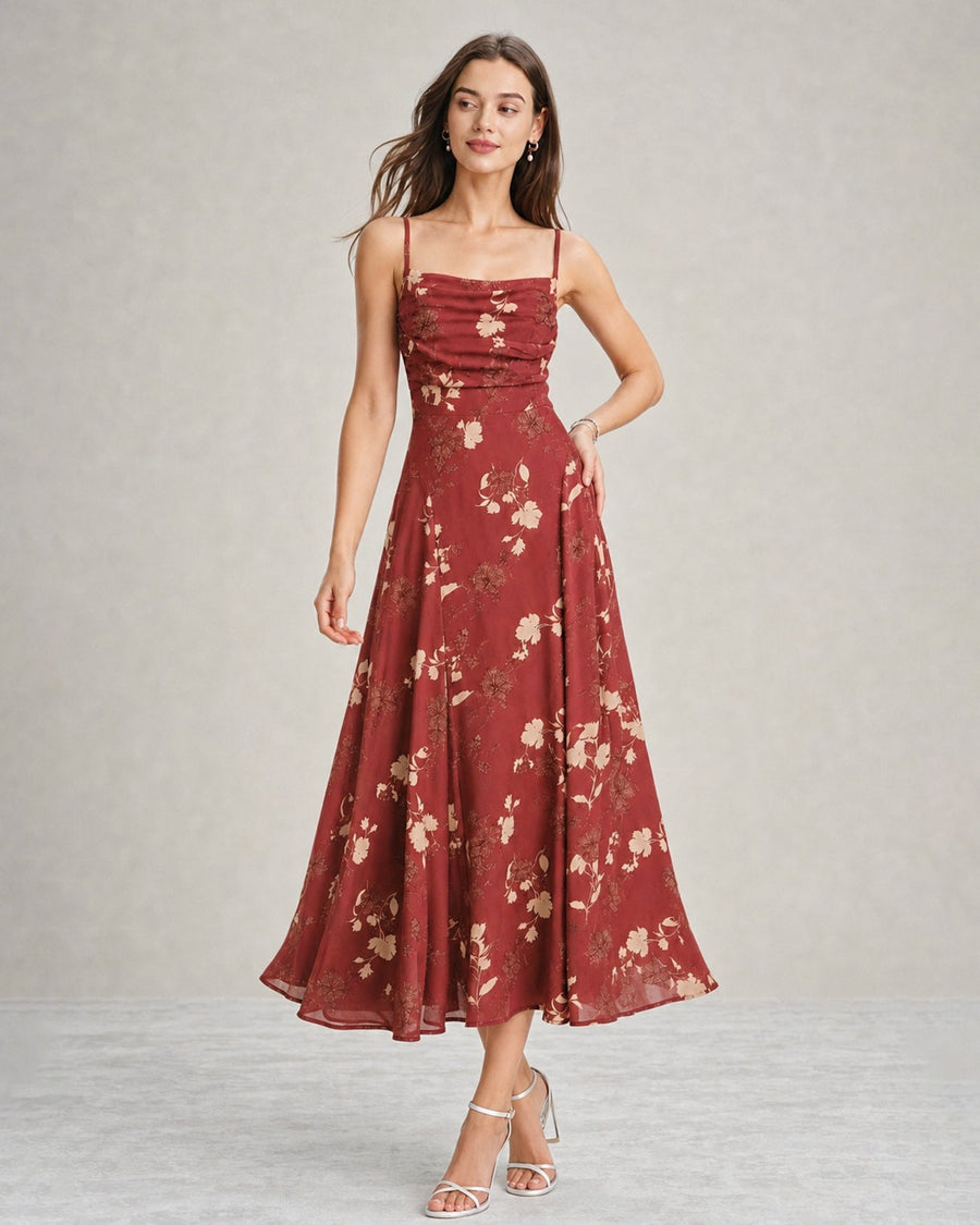 Red Square Neck X Cross Floral Maxi Dress