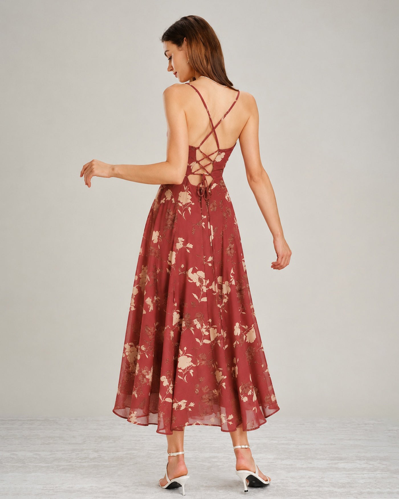Red Square Neck X Cross Floral Maxi Dress