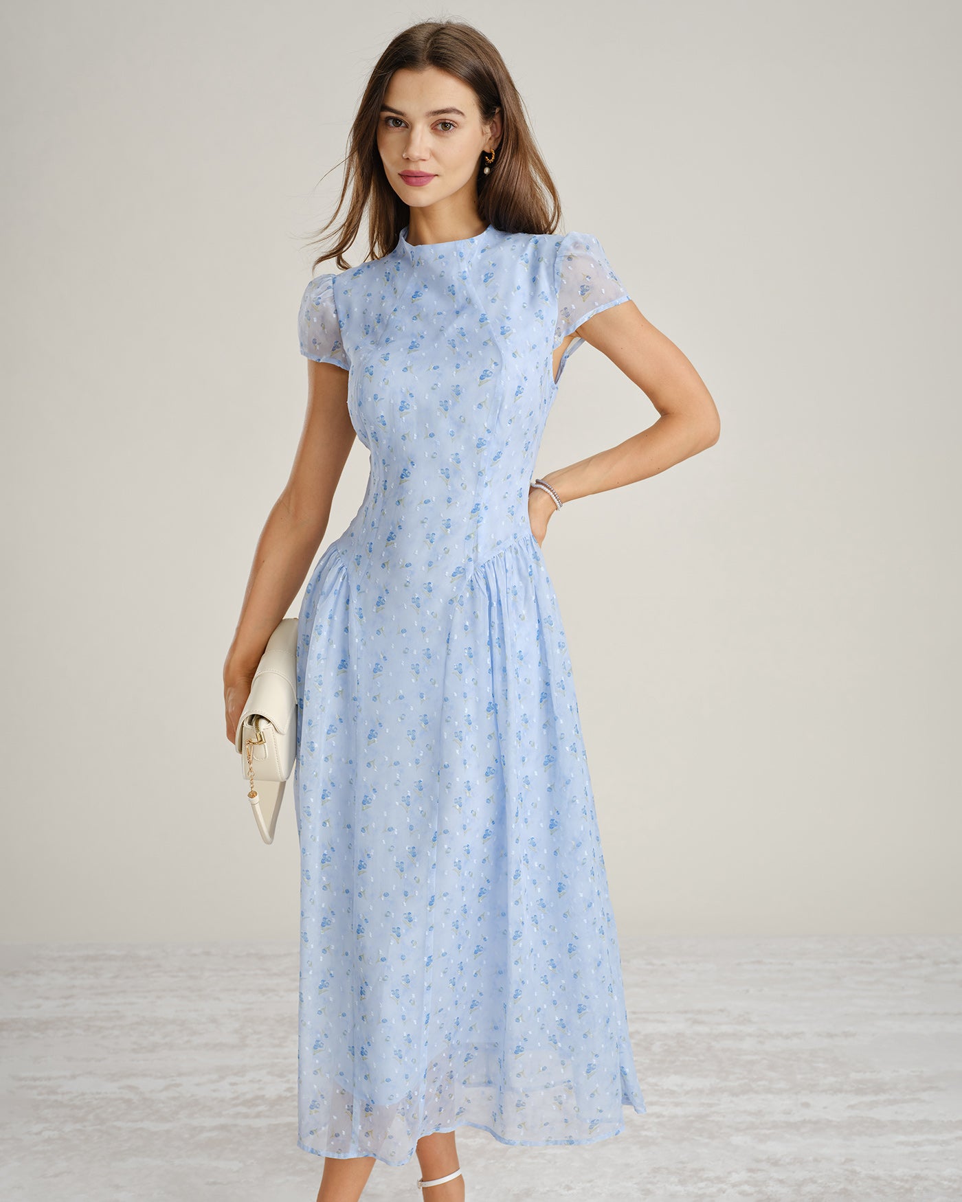 Blue Mock Neck Floral Chiffon Maxi Dress