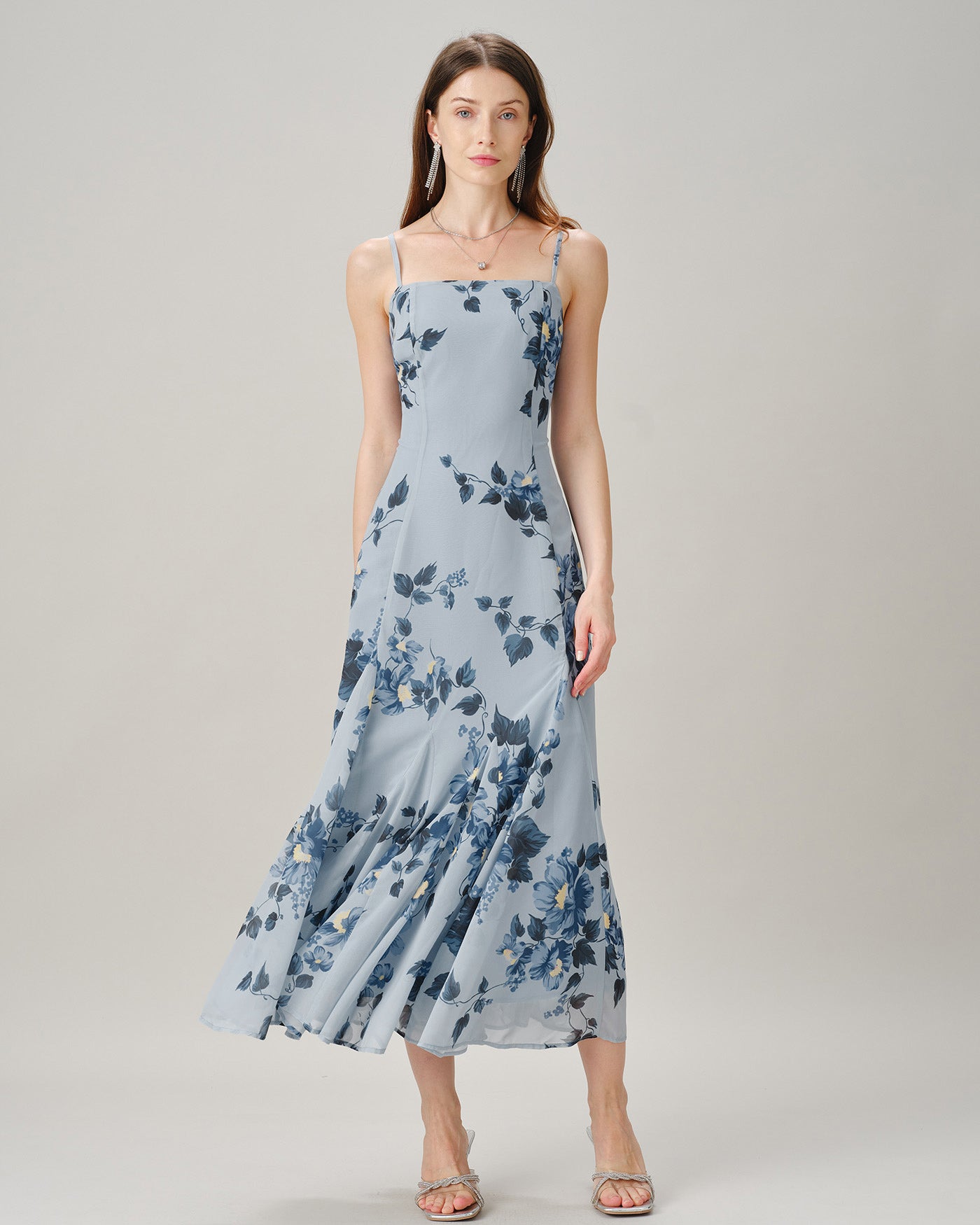 Blue Sleeveless Floral Chiffon Maxi Dress