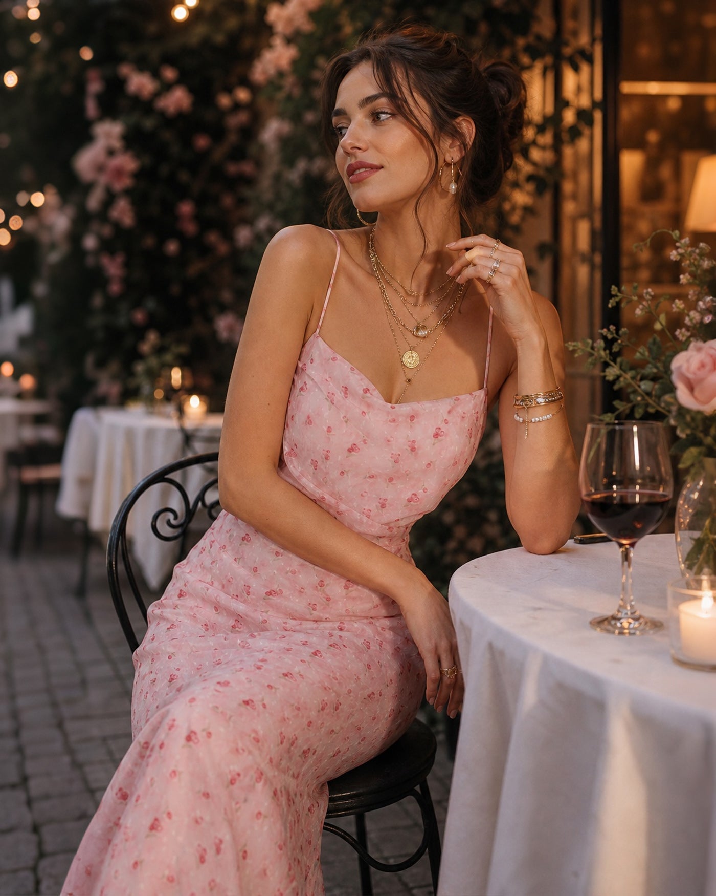 Pink Cowl Neck Floral Slip Maxi Dress