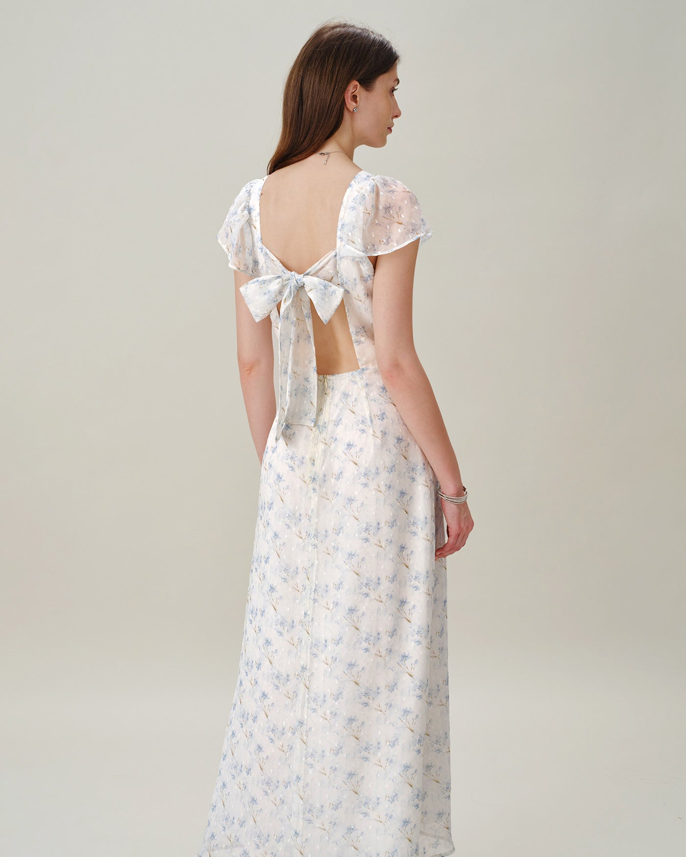 Blue Sweetheart Neck Floral Slit Maxi Dress
