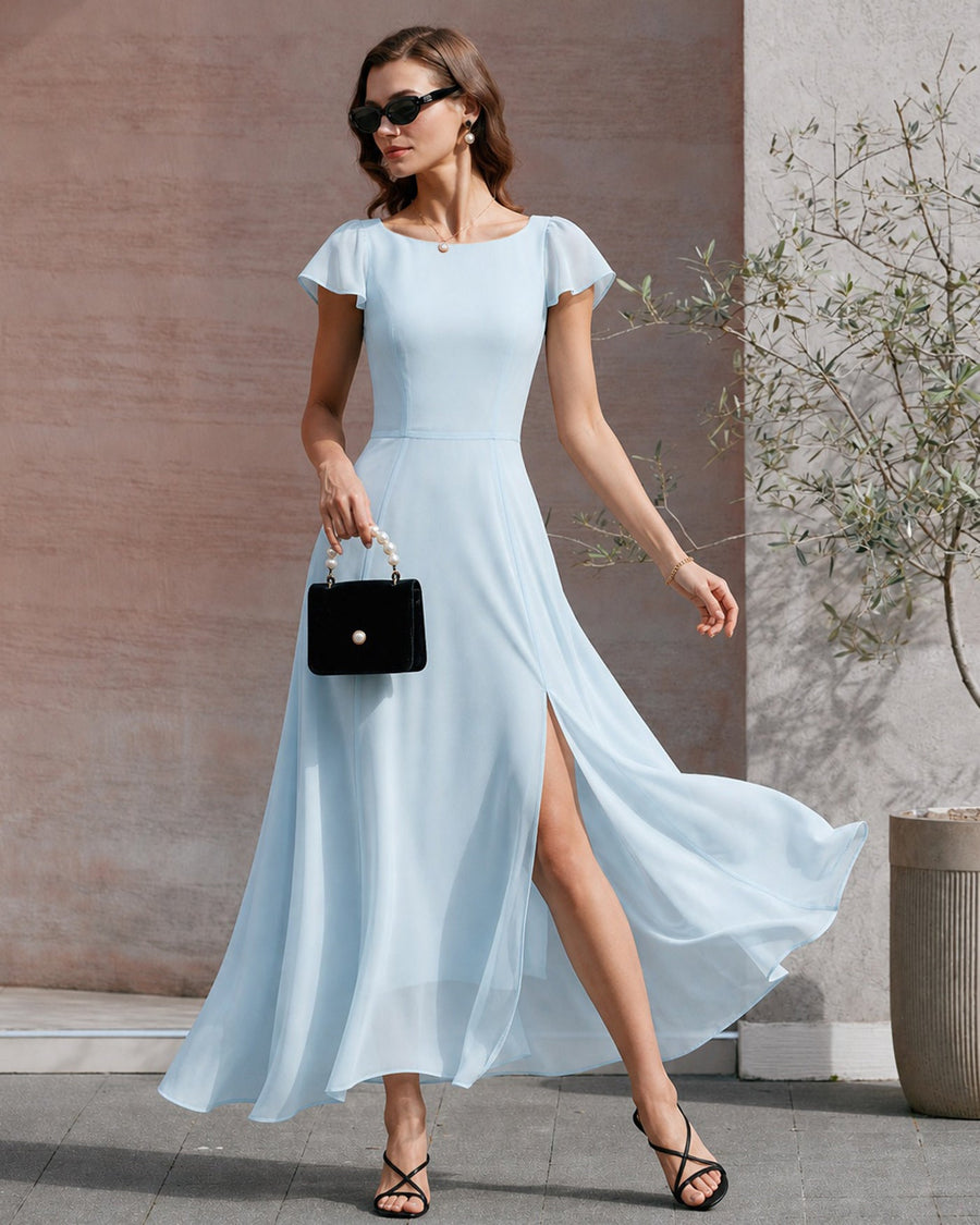 Blue Boat Neck Slit Chiffon Maxi Dress