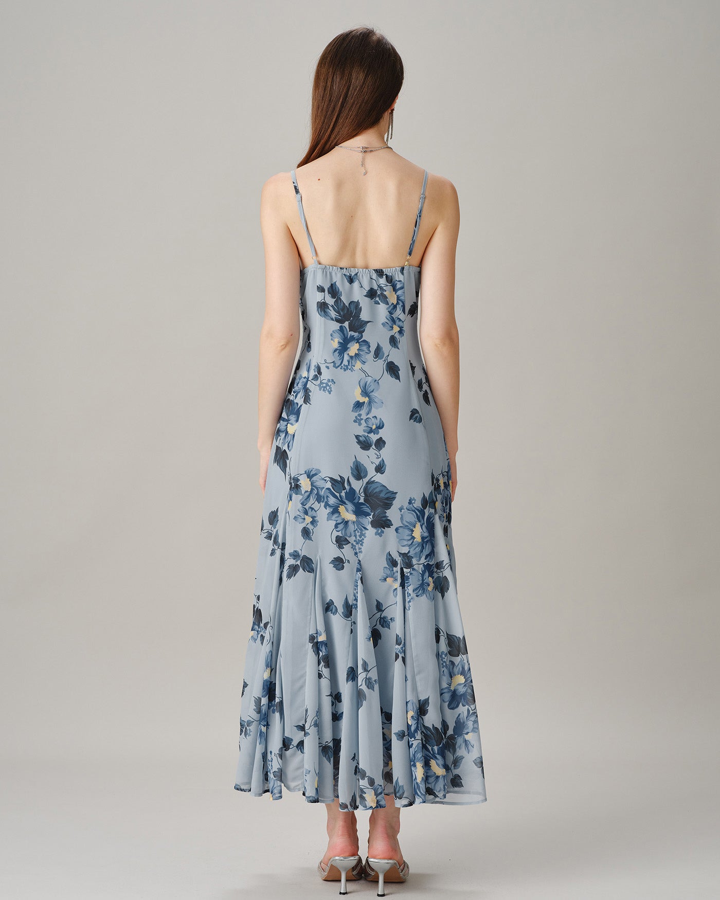 Blue Sleeveless Floral Chiffon Maxi Dress