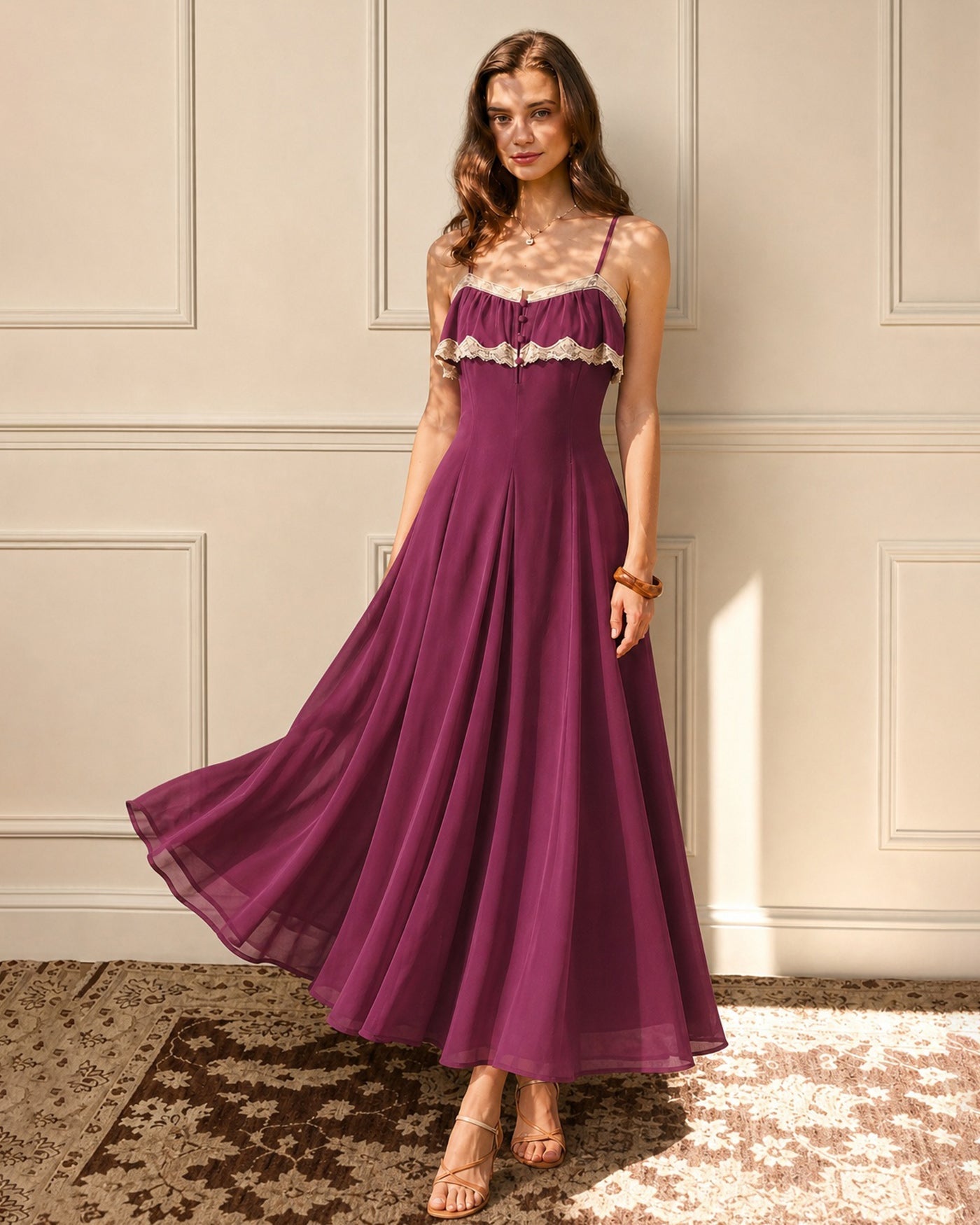 Pink Lace Button Slip Chiffon Maxi Dress