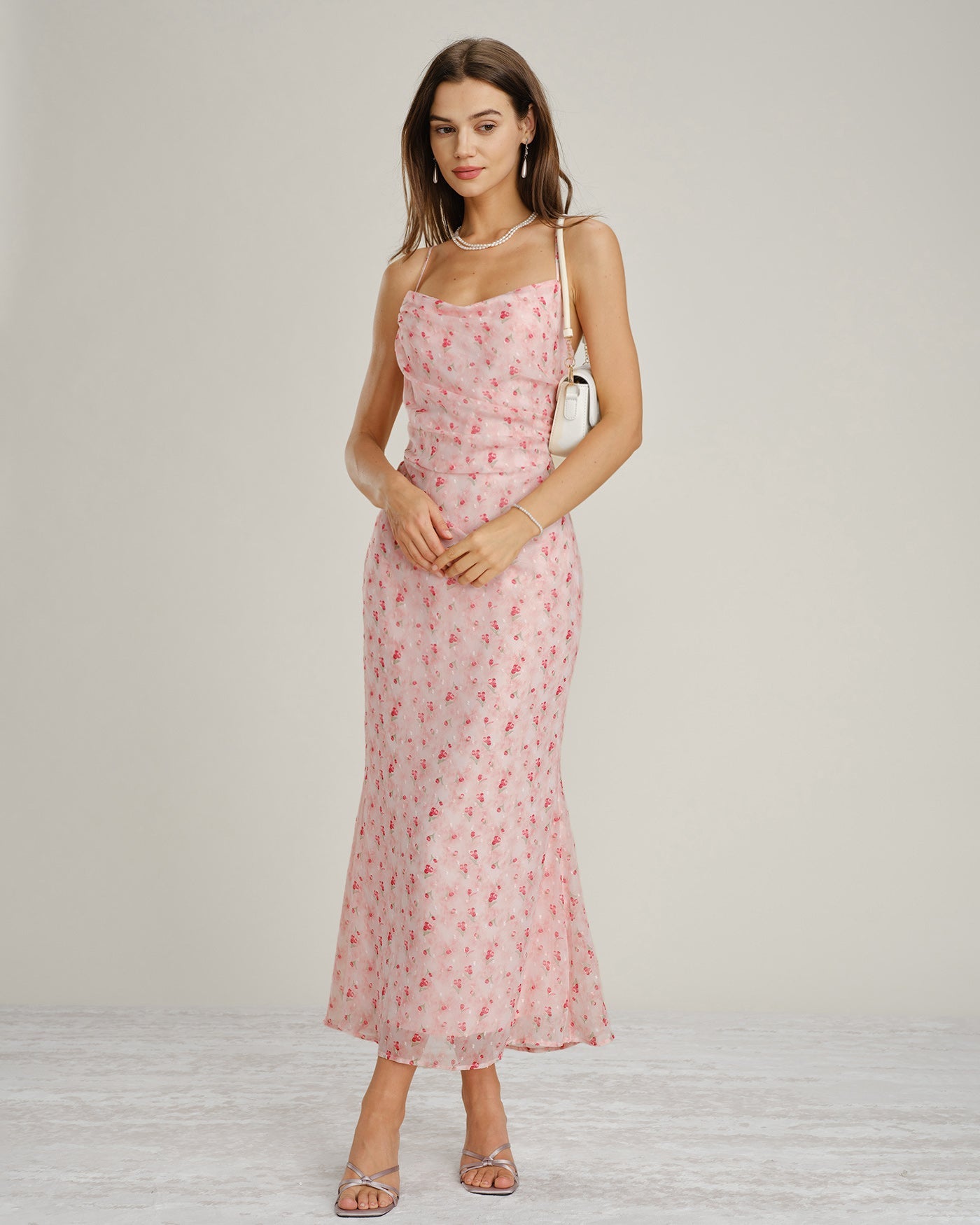 Pink Cowl Neck Floral Slip Maxi Dress