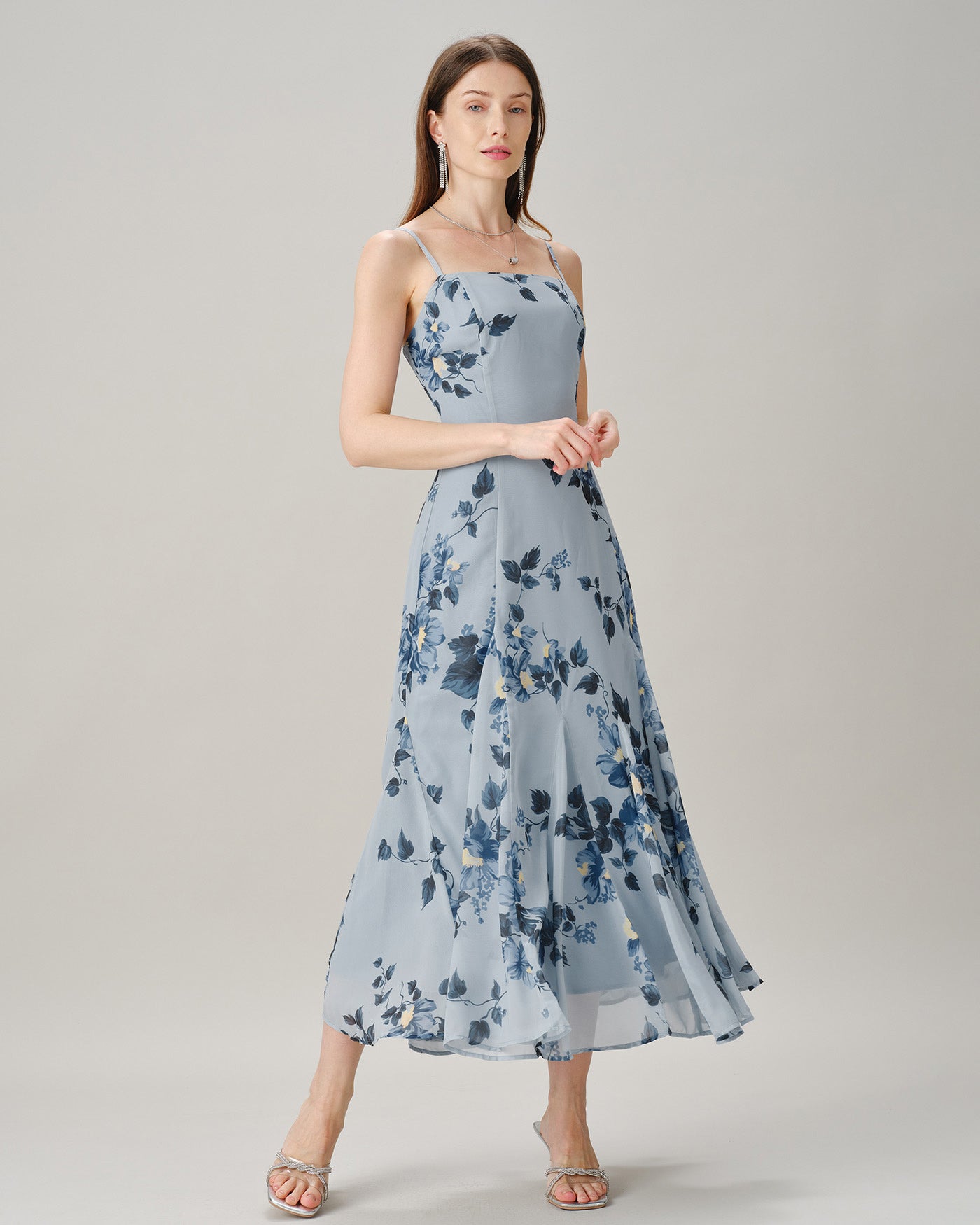 Blue Sleeveless Floral Chiffon Maxi Dress