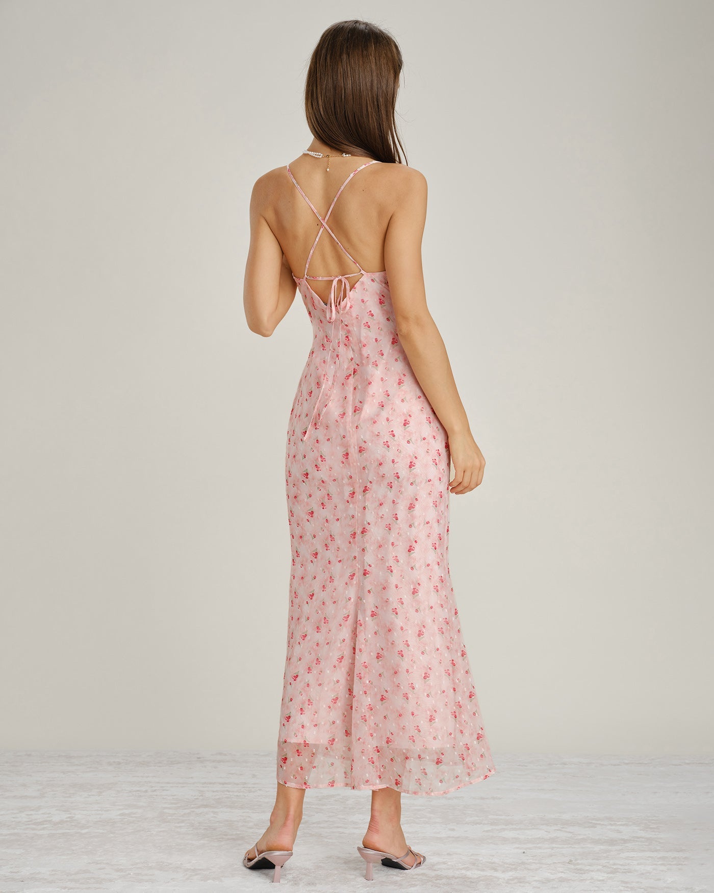 Pink Cowl Neck Floral Slip Maxi Dress